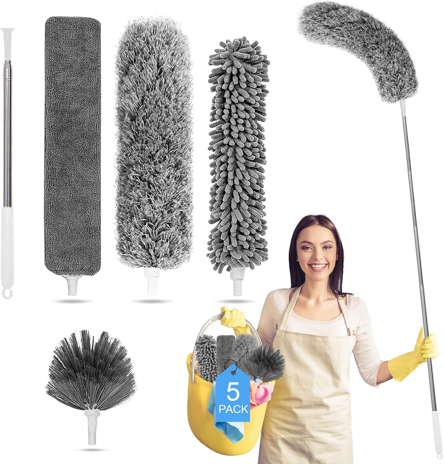 Microfiber feather duster kit with 5-in extension pole, cobweb duster, and microfiber dusters for high ceilings and furniture