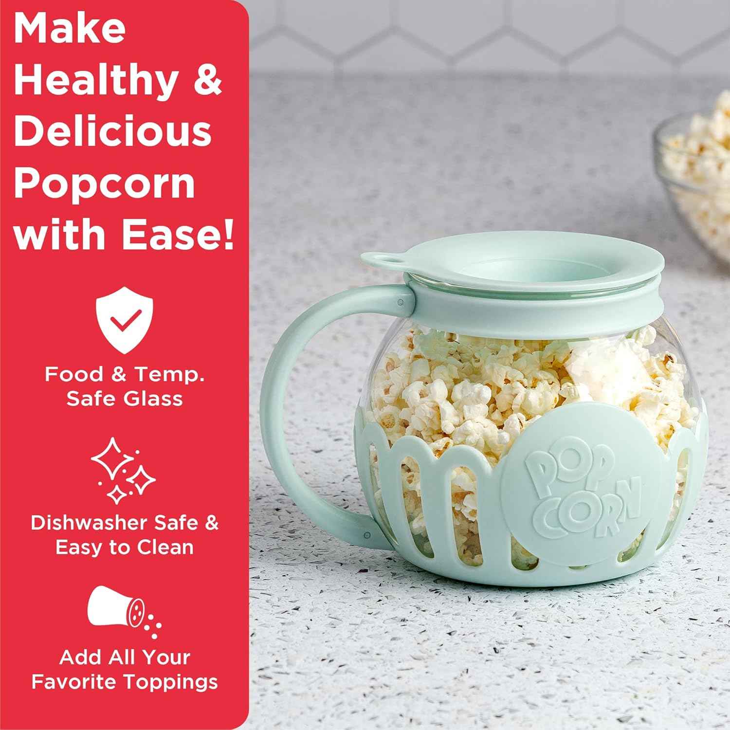 Ecolution Patented Micro-Pop Microwave Popcorn Popper with Temperature Safe Glass, 3-in-1 Lid Measures Kernels and Melts Butter, Made Without BPA, Dishwasher Safe, 1.5-Quart, Aqua