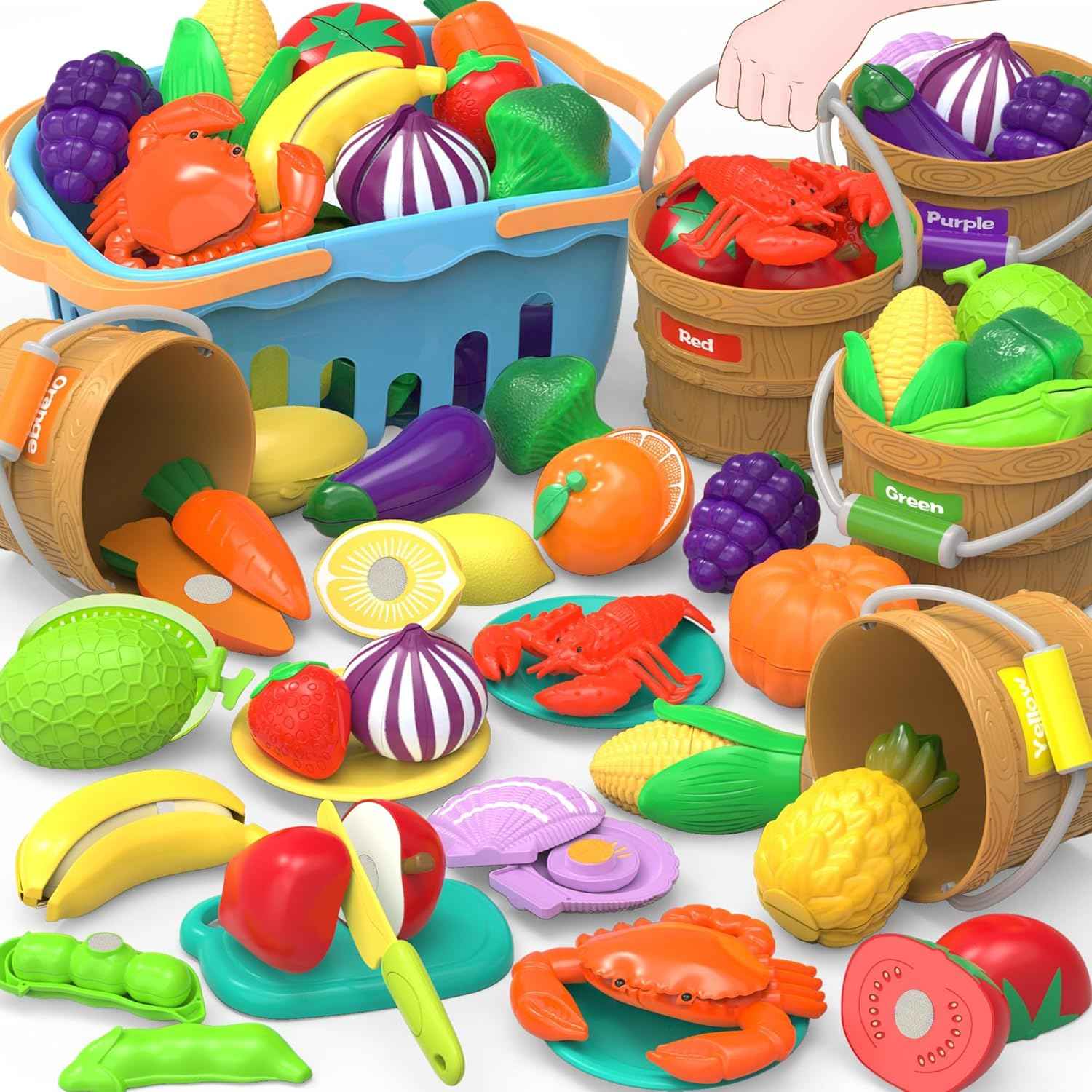 Cutting Play Food Toys For Kids, Pretend Play Kitchen Accessories, Fake Fruits/Vegetables Set With Shopping Storage Basket, Plastic Board And Knife, Birthday Gifts/Educational Toy For Toddler Children