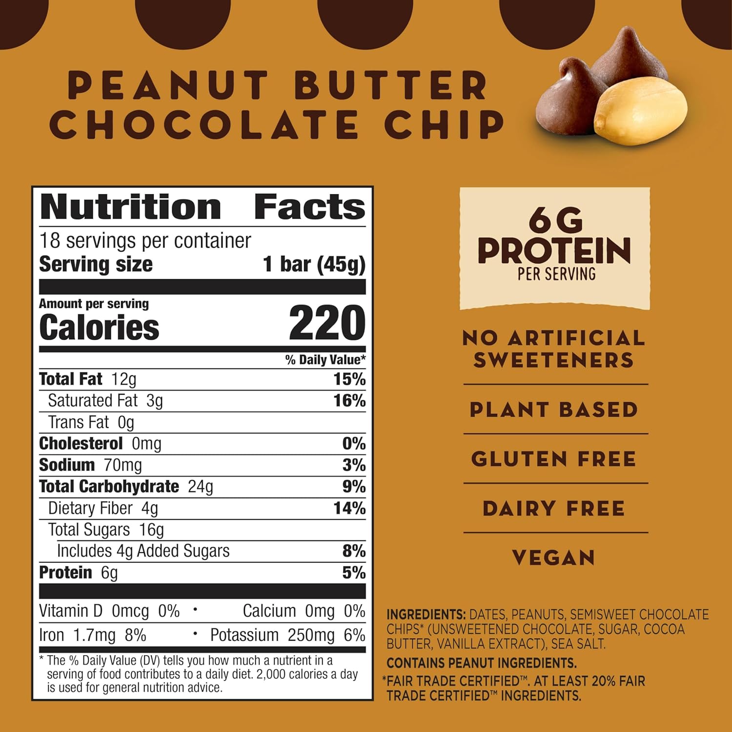 larabar peanut butter chocolate chip bars, 28.8 oz, 18 ct, gluten free, vegan