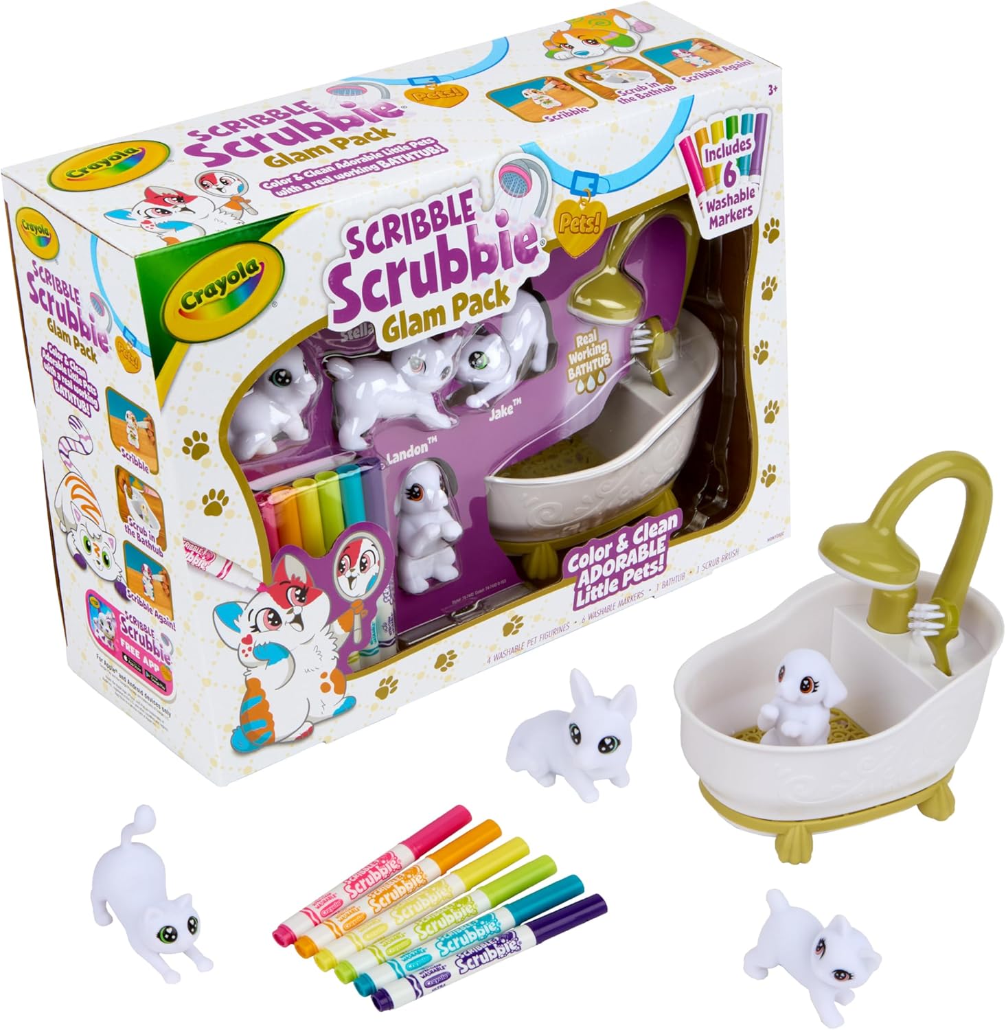 Crayola Scribble Scrubbies Glam Pack (4 Pets), Washable Pet Care Toy & Coloring Animal Craft Kit, Gift for Kids, Playset for Girls & Boys, Ages 3+