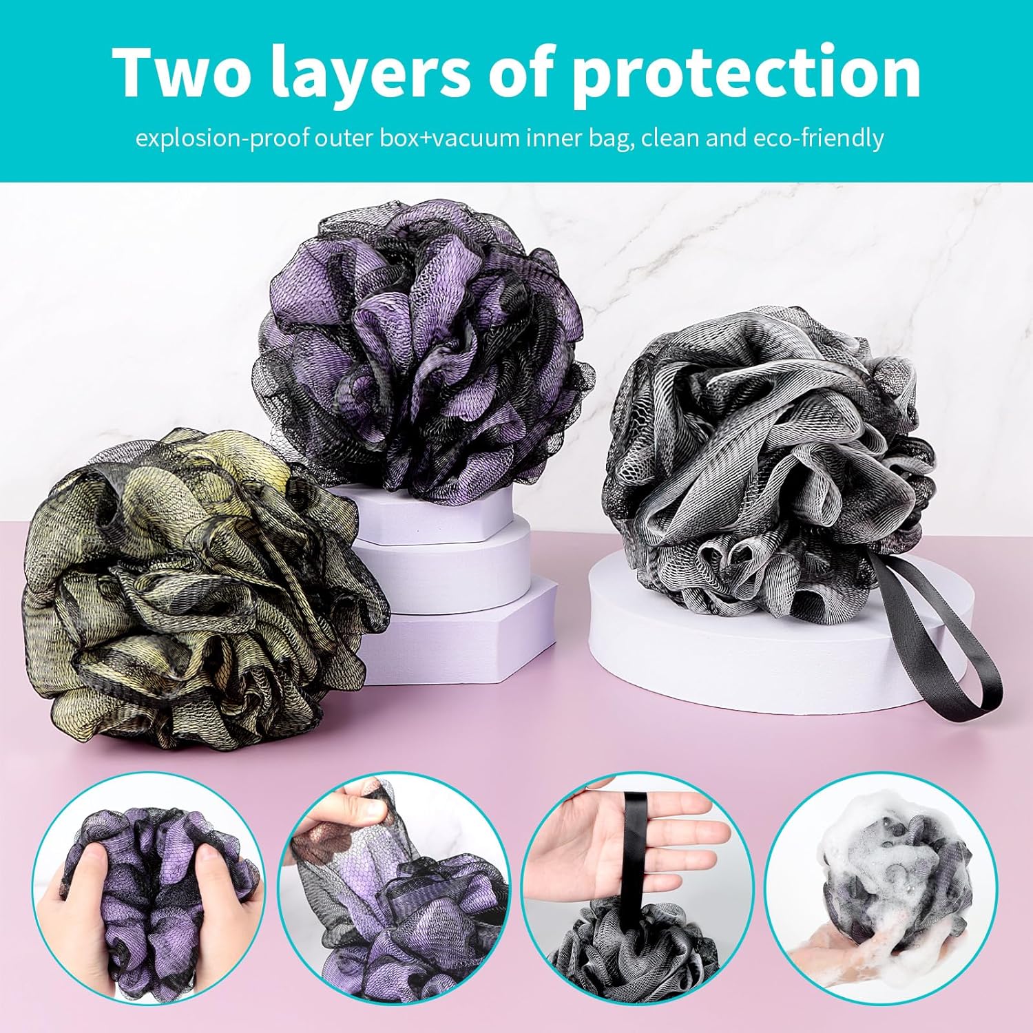 Dark Elf Bath Loofahs Soft Mesh Shower Sponge Body Back Scrubber for Women & Men - Pack of 4