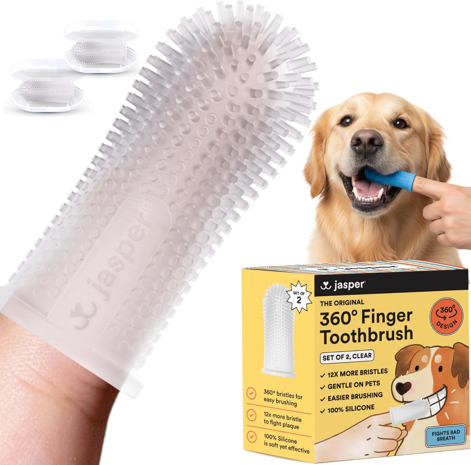 Jasper 2-pack 360-degree dog toothbrush kit for small and large pets, blue