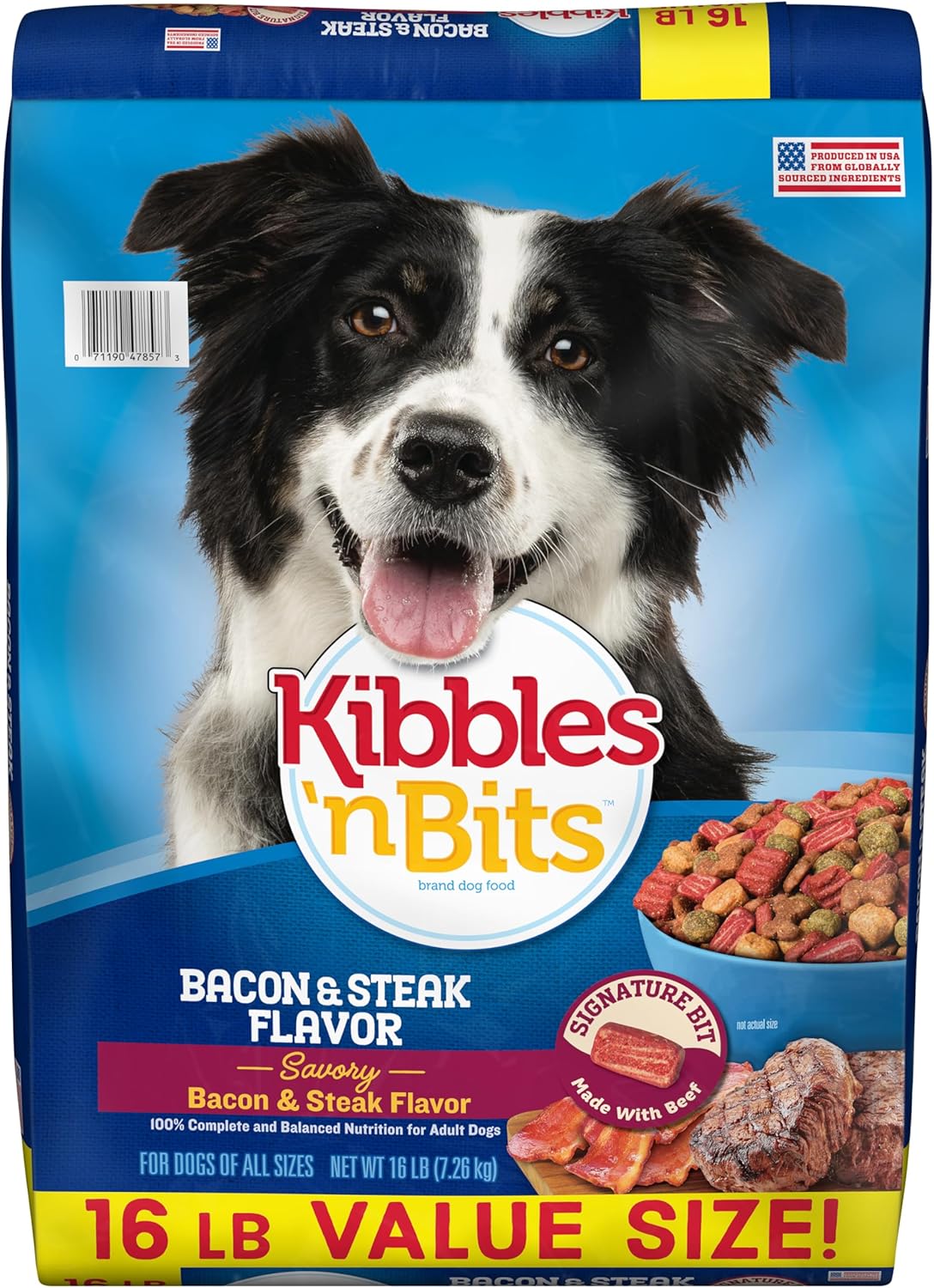 Kibbles 'n Bits Savory Bacon & Steak Adult Dog Food, 100% Complete, 16 lb. Bag