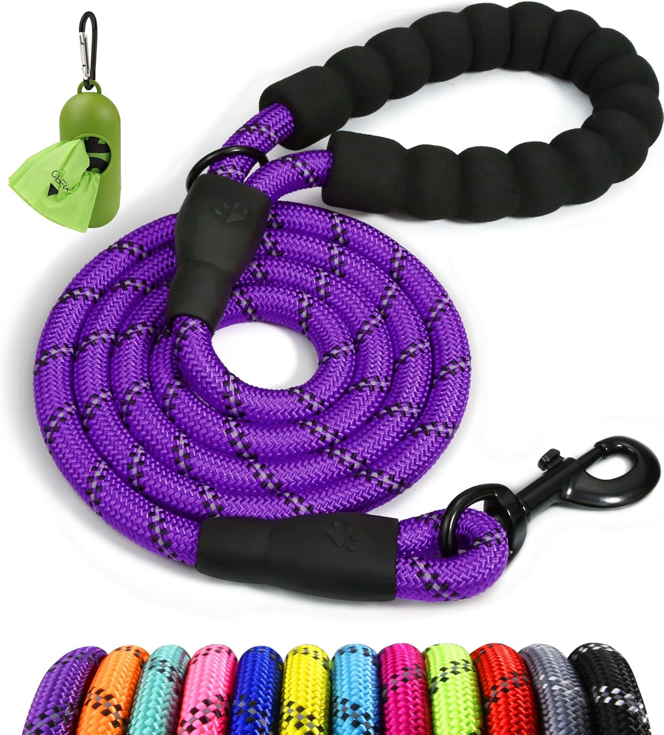 Taglory 6 FT Rope Dog Leash for Medium Large Dogs with Padded Handle, Reflective Threads, 1/2 inch, Black