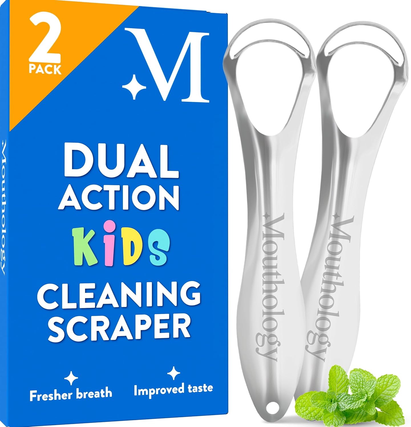 Mouthology 2-pack tongue scraper for adults, metal, stainless steel, tongue cleaner for hygiene