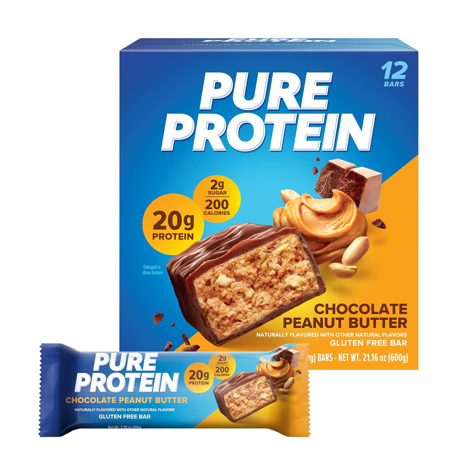 Pure Protein Chocolate Peanut Butter Protein Bars - 12 count - 20g Protein, 3g Sugar, 190 Calories - Gluten Free