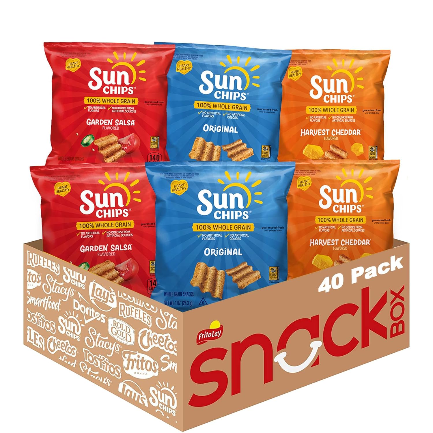 SunChips 100% Whole Grain Chips Variety Pack, 40 1 oz Bags, No Artificial Flavors or Colors