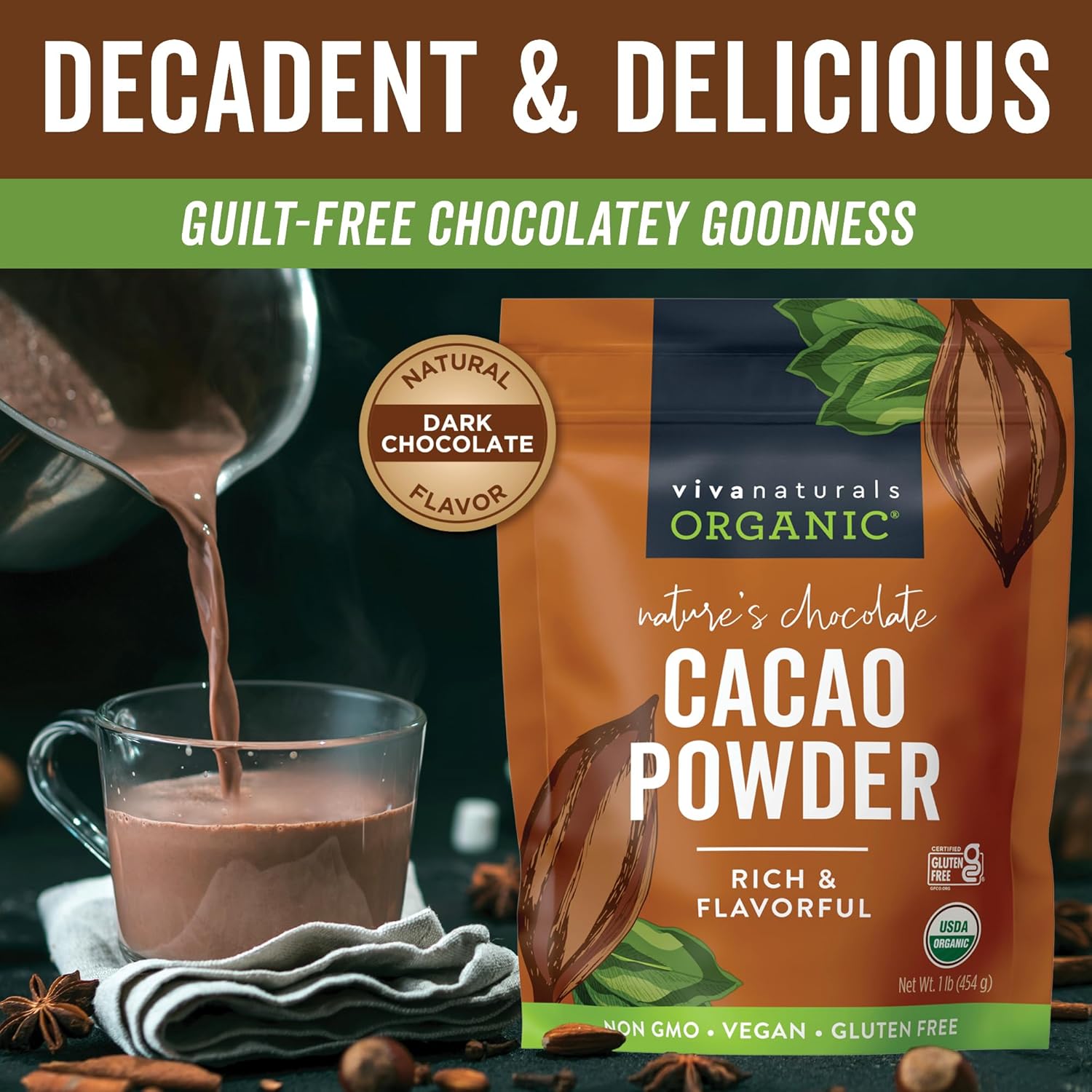 organic unsweetened cacao powder 1 lb rich dark chocolate flavor vegan keto paleo non-gmo gluten-free