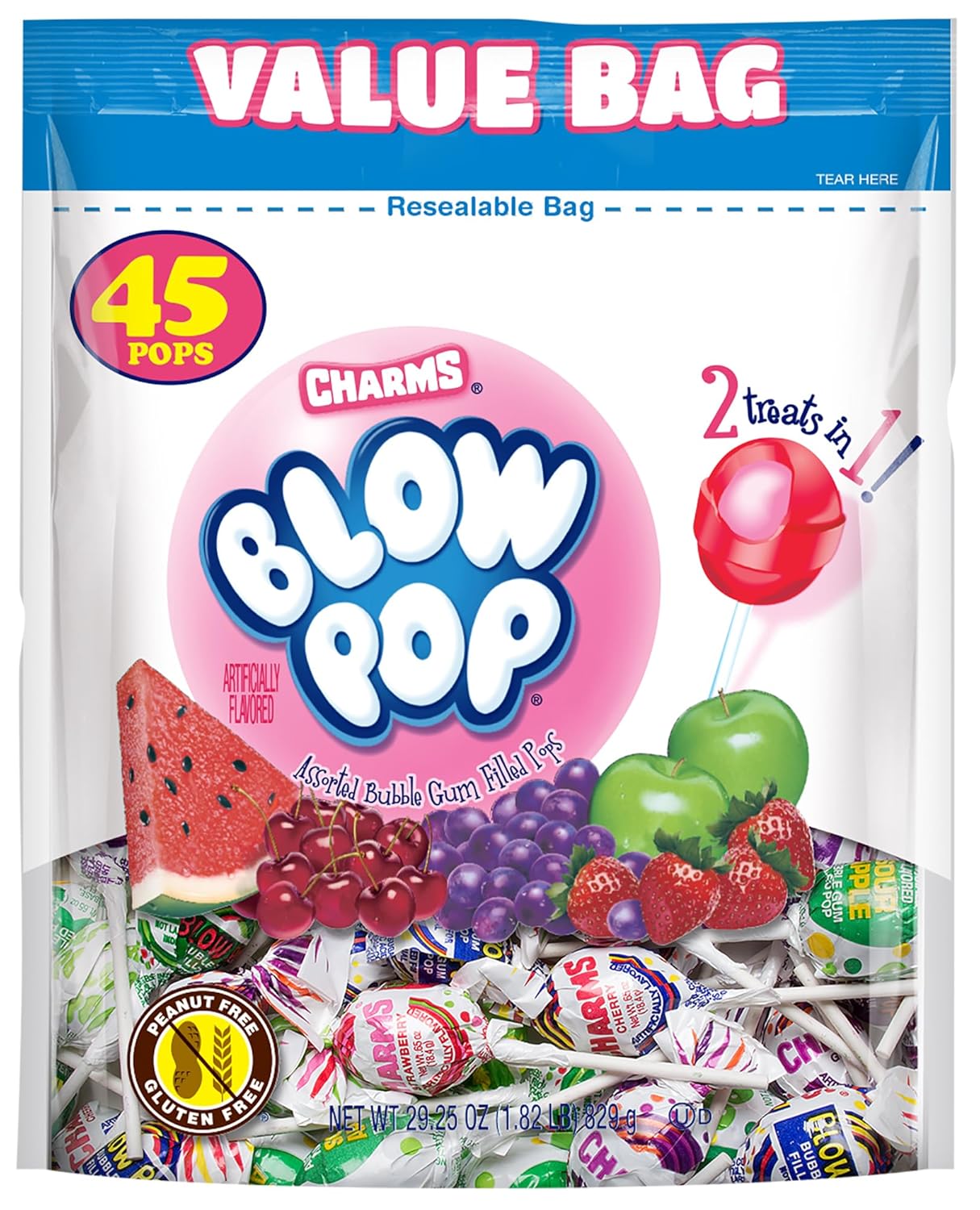 Charms dual candy and gum suckers with assorted flavors, 45 count, individually wrapped, peanut free, gluten free, bulk