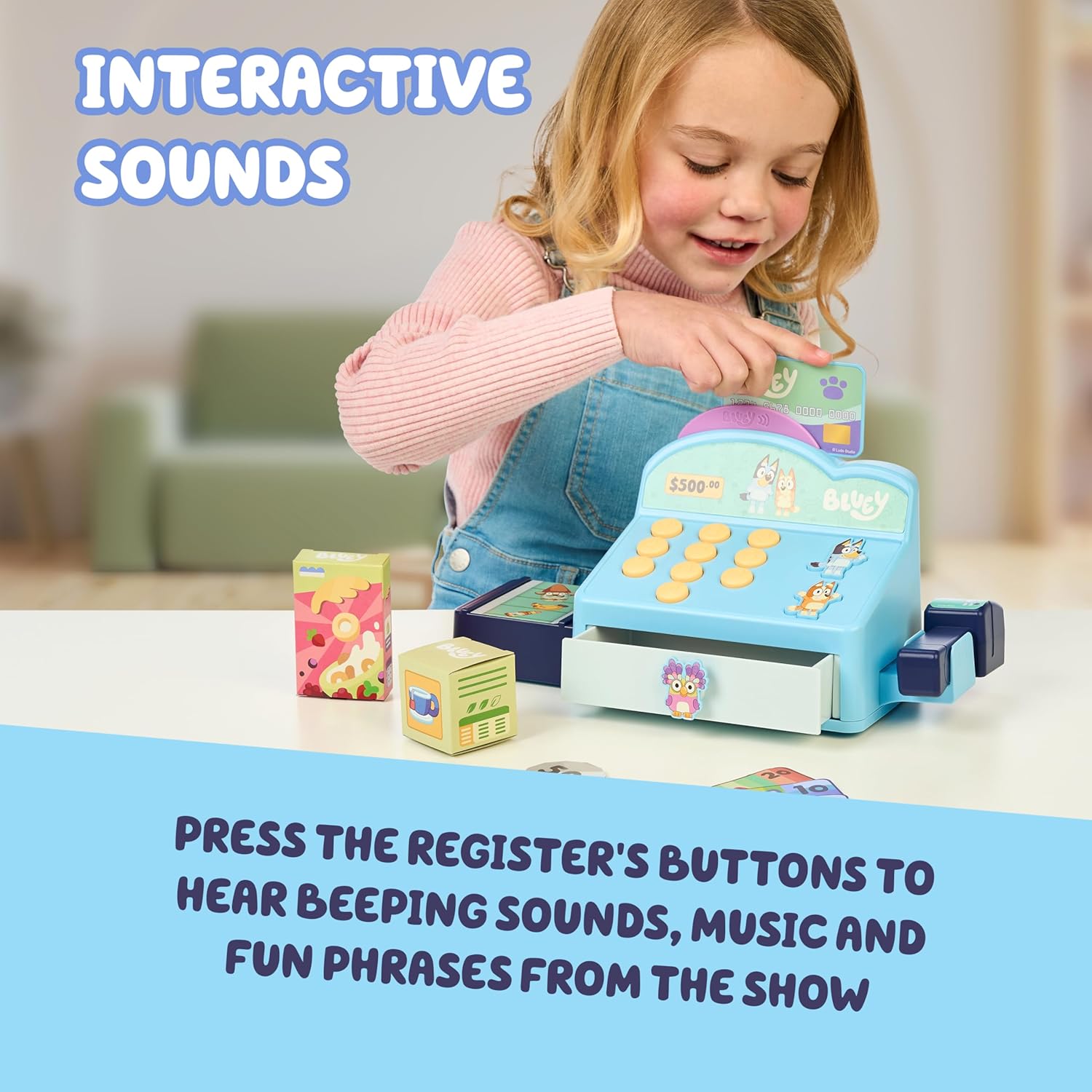 Bluey Cash Register Playset, Interactive Play Register with Scanner | Includes toy credit card, Dollar Bucks, storage drawer, and detachable scanner for grocery store pretend play