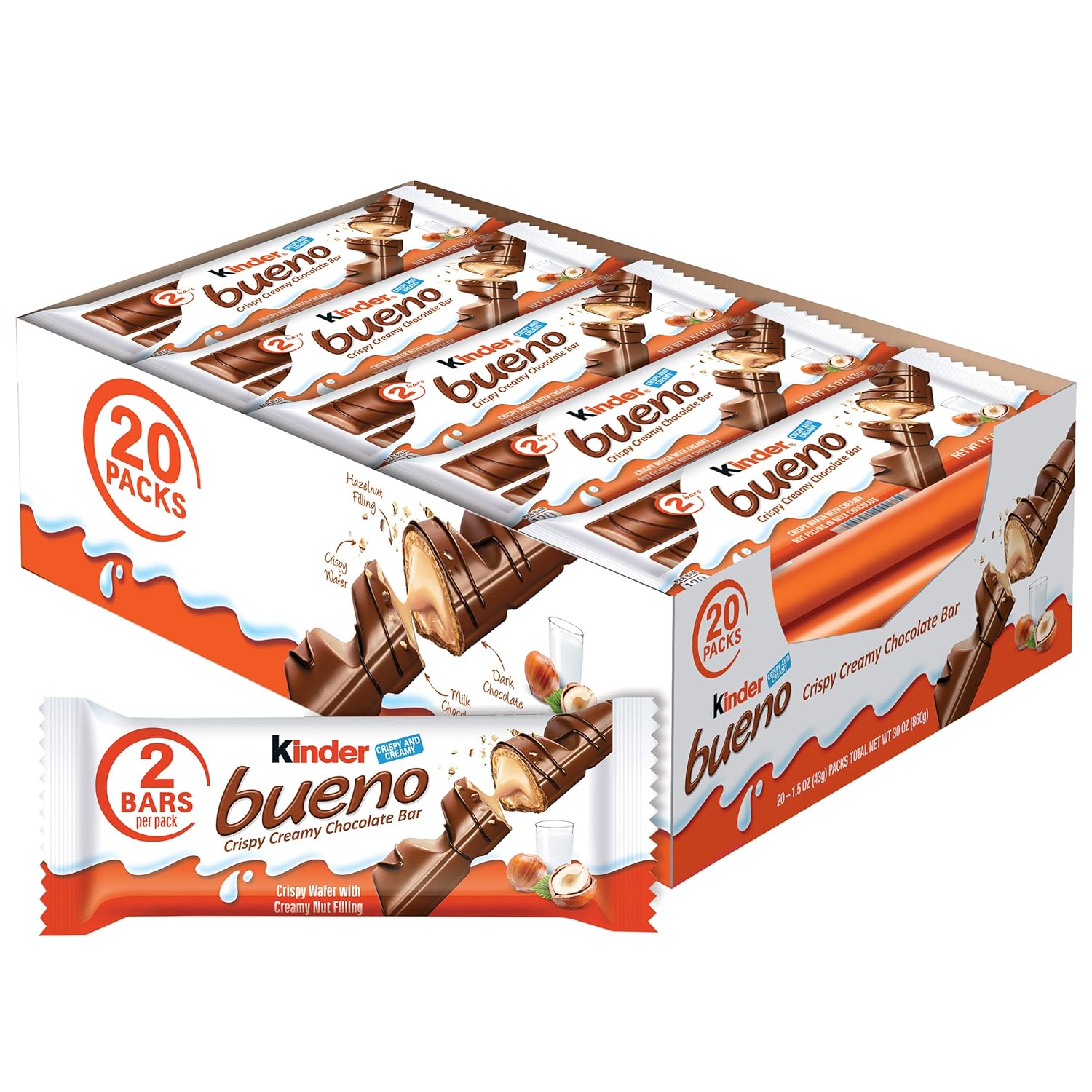 kinder bueno milk chocolate bars with hazelnut cream bulk 20 pack