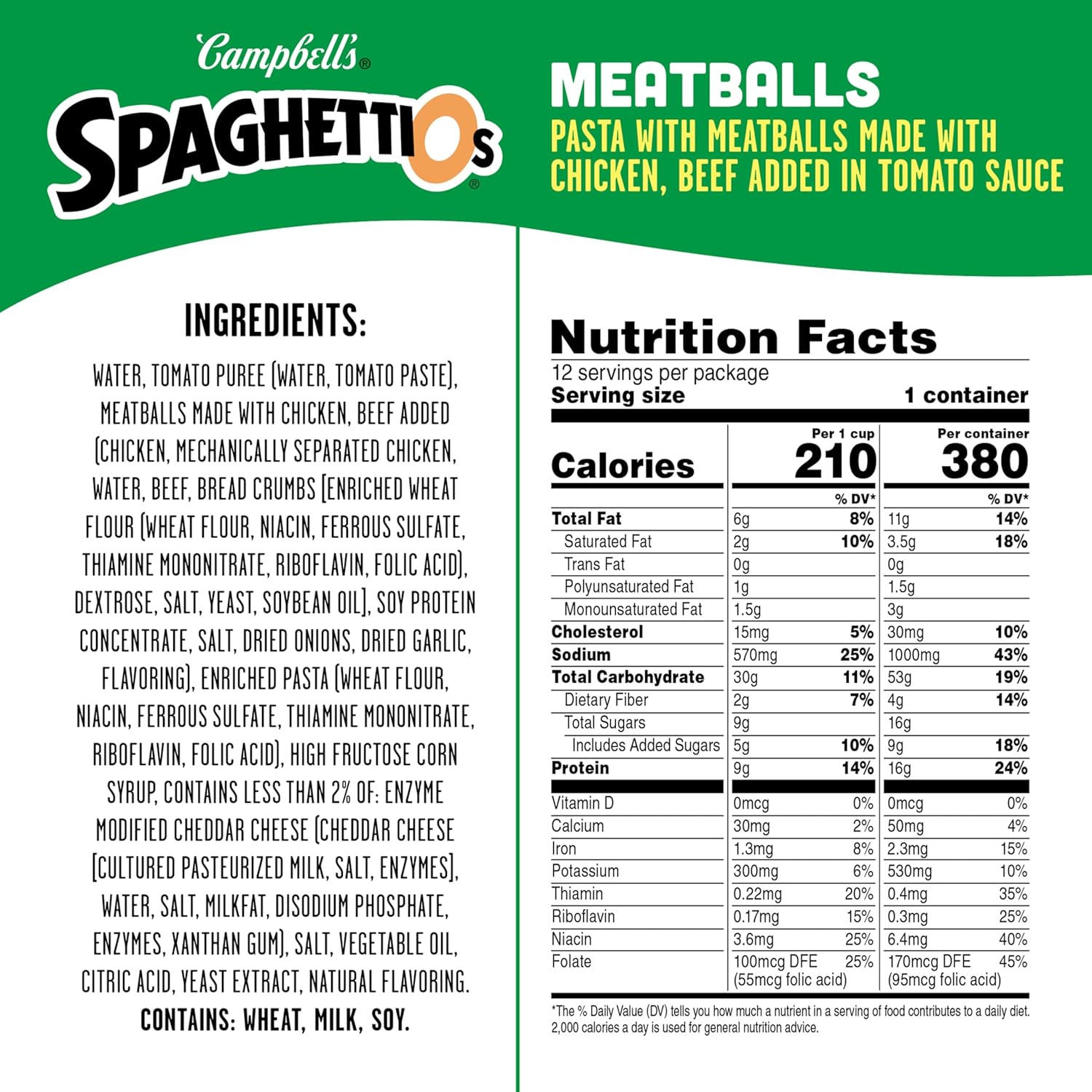 SpaghettiOs Canned Pasta with Meatballs, 12 Pack, 15.6 oz Can, No Artificial Colors, No MSG