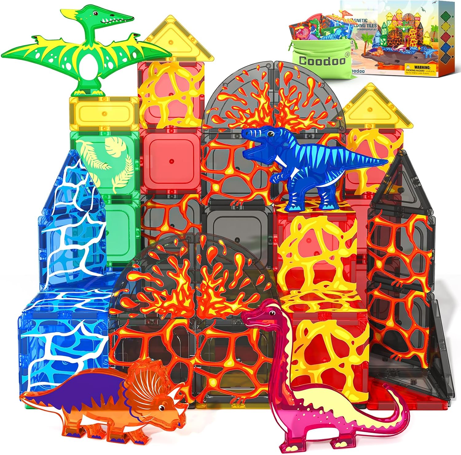 Coodoo Dinosaur Toys Magnetic Tiles Lava Dinosaur World Set - Magnetic Blocks Building for Kids 3-5 5-7 Girls Boys Toy Age 4-6 6-8, Classroom Must Haves Toddler Sensory for 3+ Year Old Kids Toys