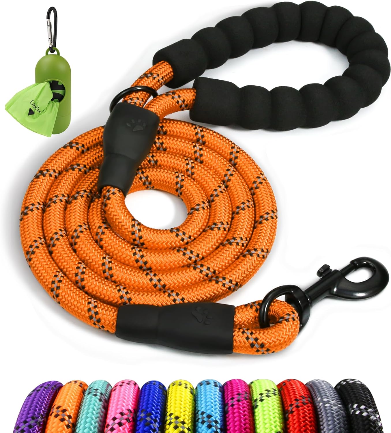 Taglory 6 FT Rope Dog Leash for Medium Large Dogs with Padded Handle, Reflective Threads, 1/2 inch, Black