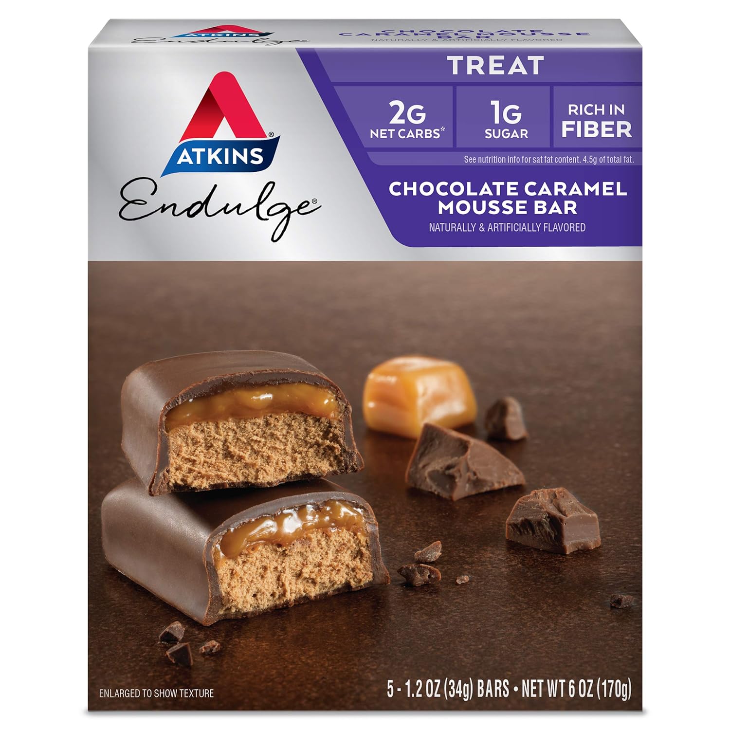 atkins endulge chocolate caramel mousse dessert bar, 5-count 1g sugar high in fiber