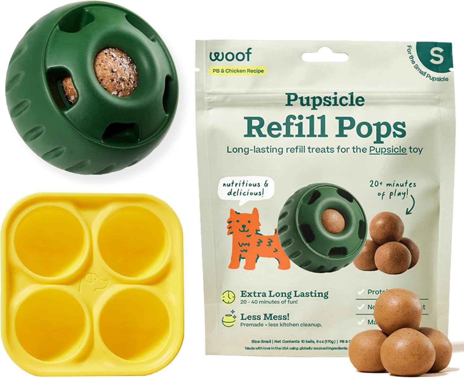 WOOF Starter Pack - Interactive Dog Toys for Boredom - Dog Treat Molds Silicone - Chicken-Flavored Healthy Treats for Dogs - Pupsicle Doggy Enrichment Toy - for Small Pups - 10-25 lbs