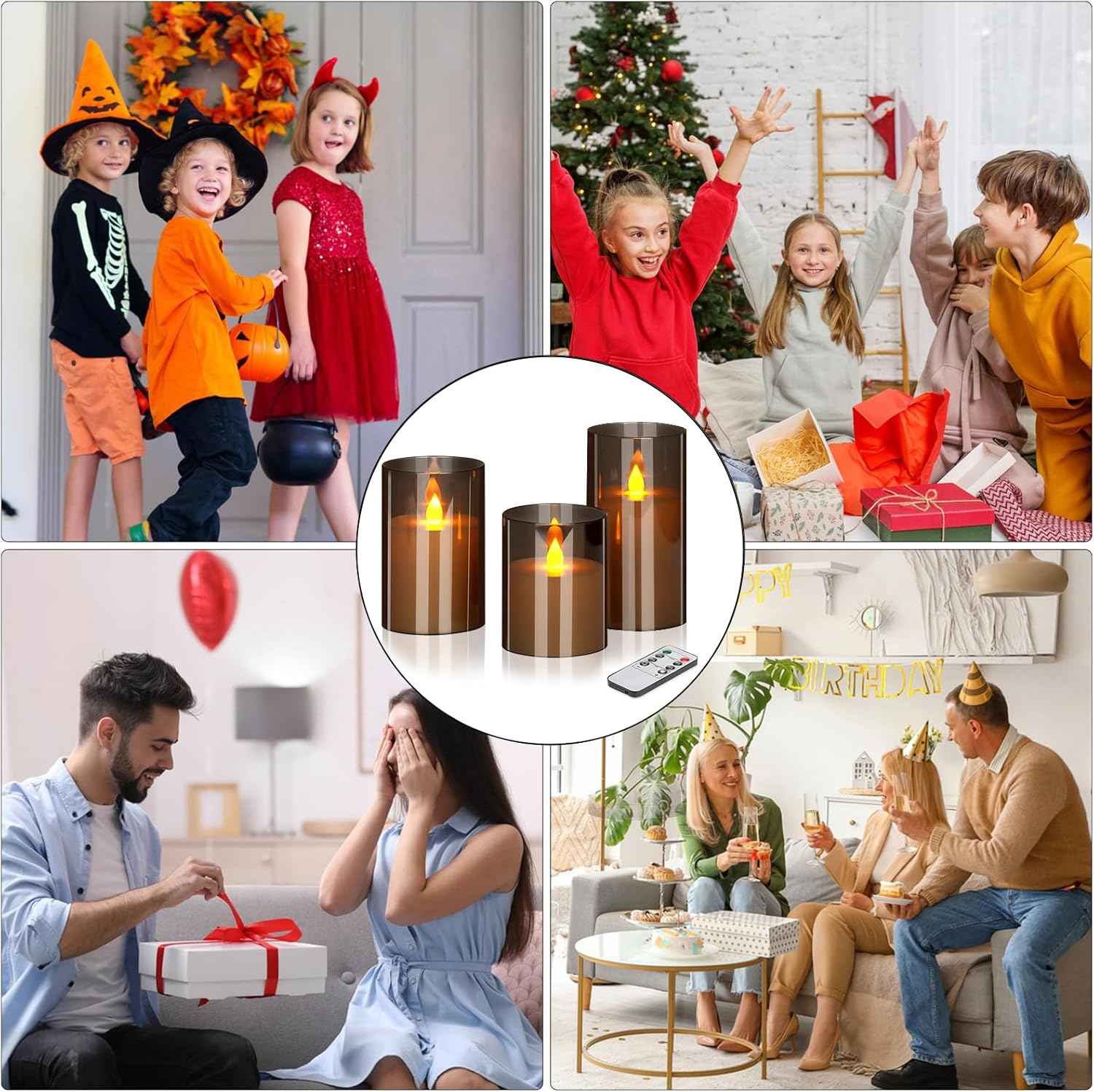 Flameless Candles 4" 5" 6" Set of 3 Acrylic Glass Pillars 3" Diameter Battery Operated Flickering Candles Include 10-Key Remote with Timer Function 400+ Hours (Gray, Warm Light 3 Pack)