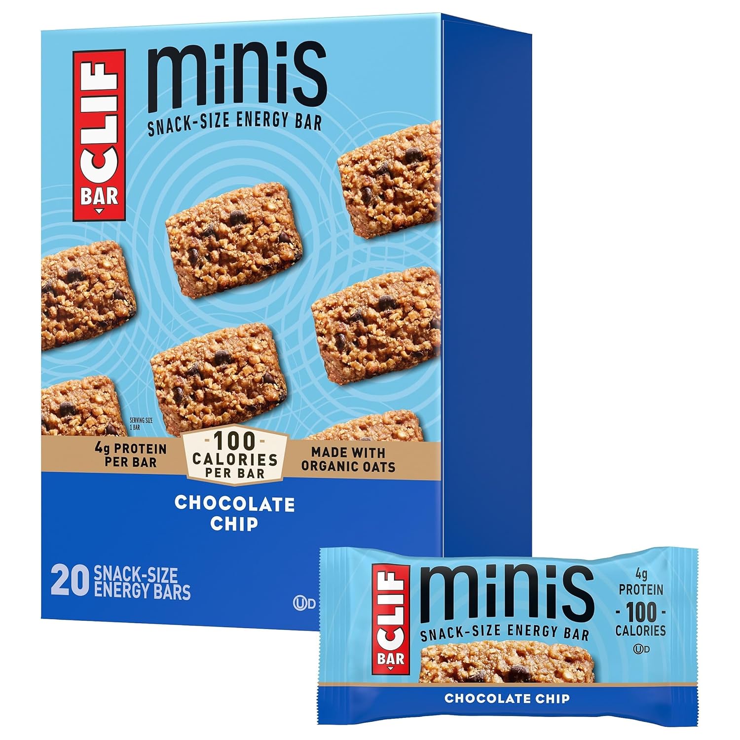 clif bar minis chocolate chip organic oats 4g protein non-gmo plant based snack size energy bars 20 pack