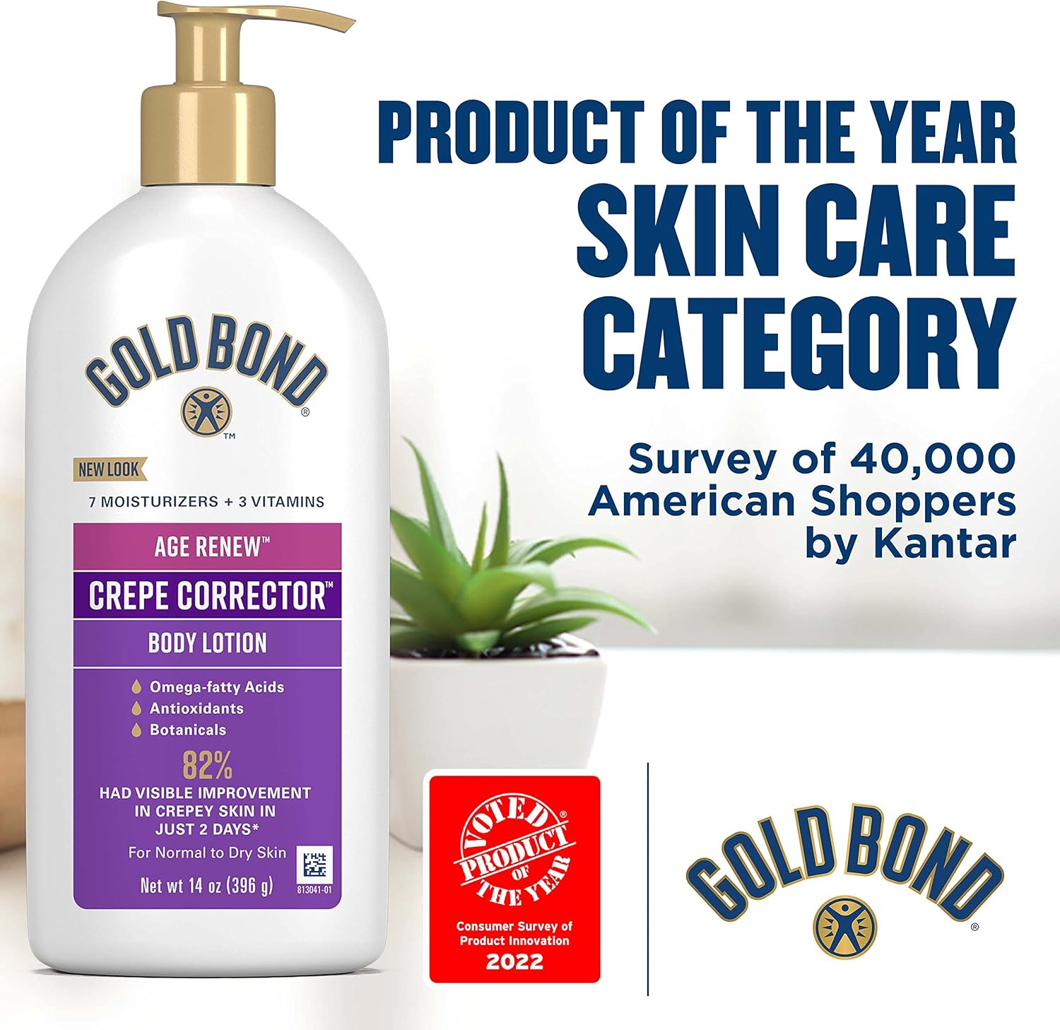 Gold Bond Age Renew Crepe Corrector Body & Face Lotion, 14 oz, Replenishing Smoothing Formula, Fragrance Free, Dermatologist Tested