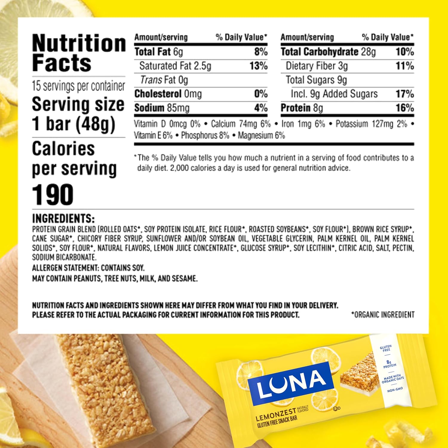 Luna Bar LemonZest Flavor Gluten Free Snack Bars Non GMO 12 Pack Protein Bars Value Pack