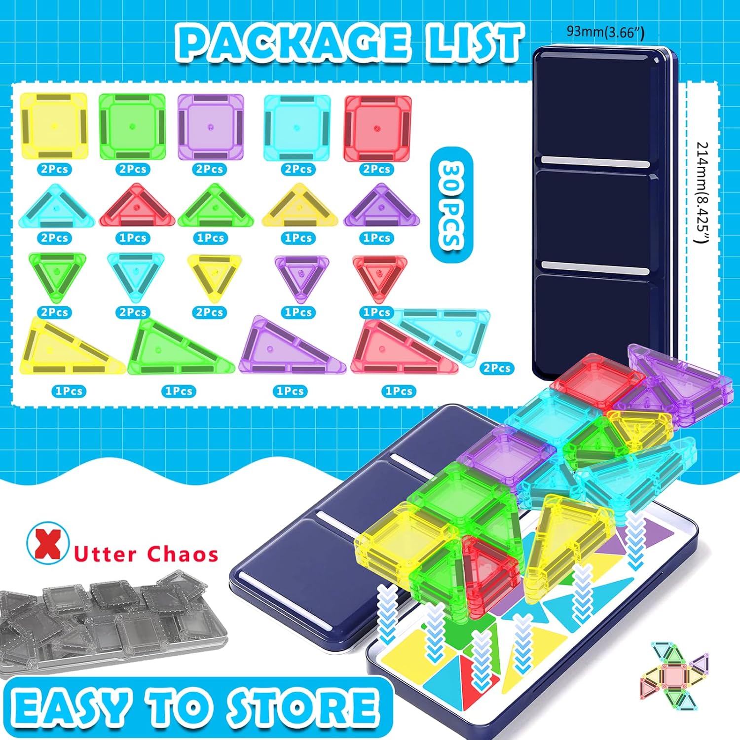 Mini Magnetic Tiles Travel Set with Case 30pcs, Mini Travel Magnet Tiles, Portable Travel Size Magnetic Tiles for Kids Ages 3-5 4-8 Boys Girls, STEM Magnet Toys for Outdoor, Kids Gift