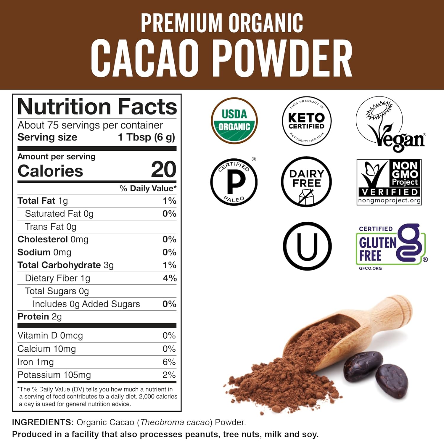 organic unsweetened cacao powder 1 lb rich dark chocolate flavor vegan keto paleo non-gmo gluten-free