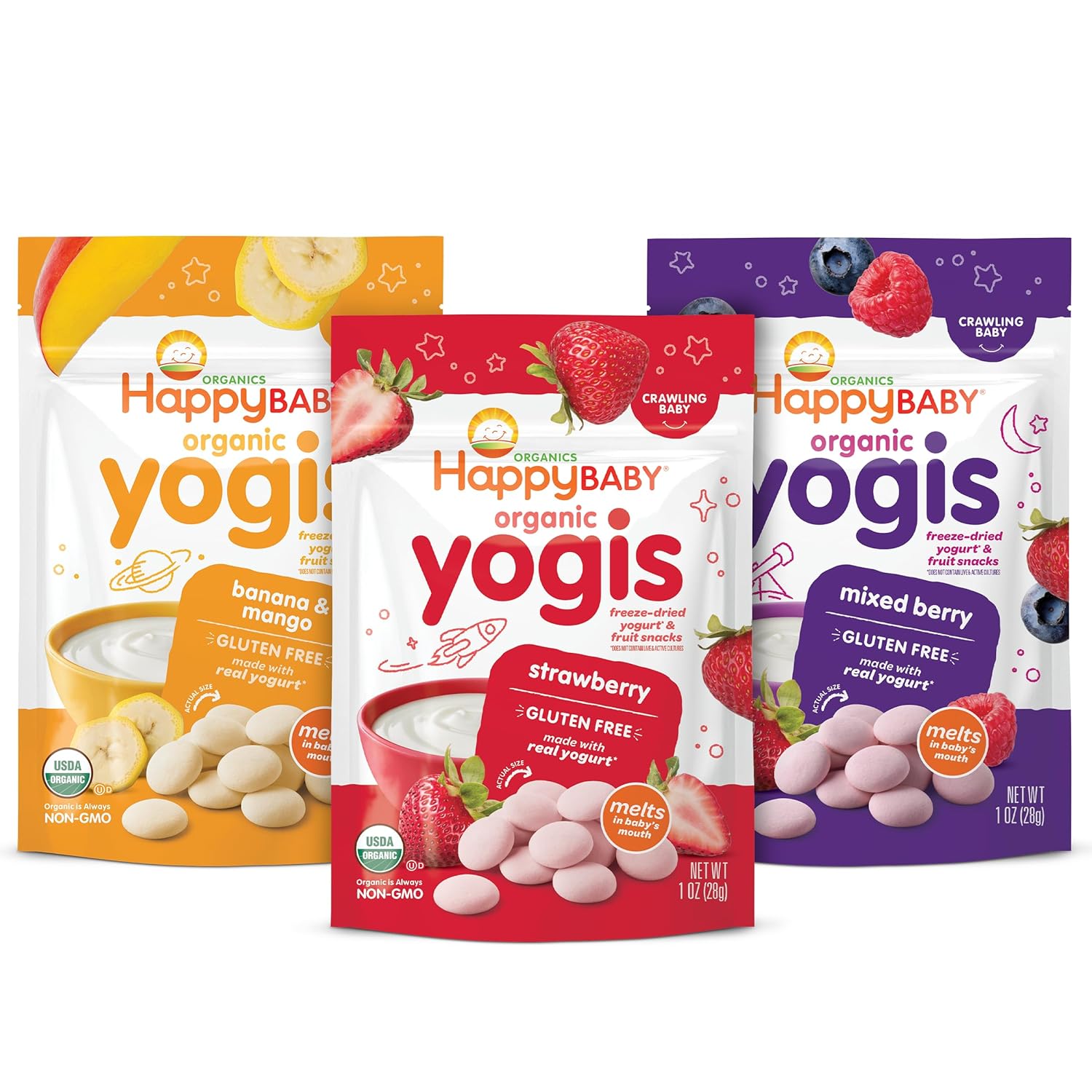 Happy Baby Organics 3 Flavor Yogis Freeze-Dried Yogurt & Fruit Snacks Variety Pack, 1 Ounce, 3 Count