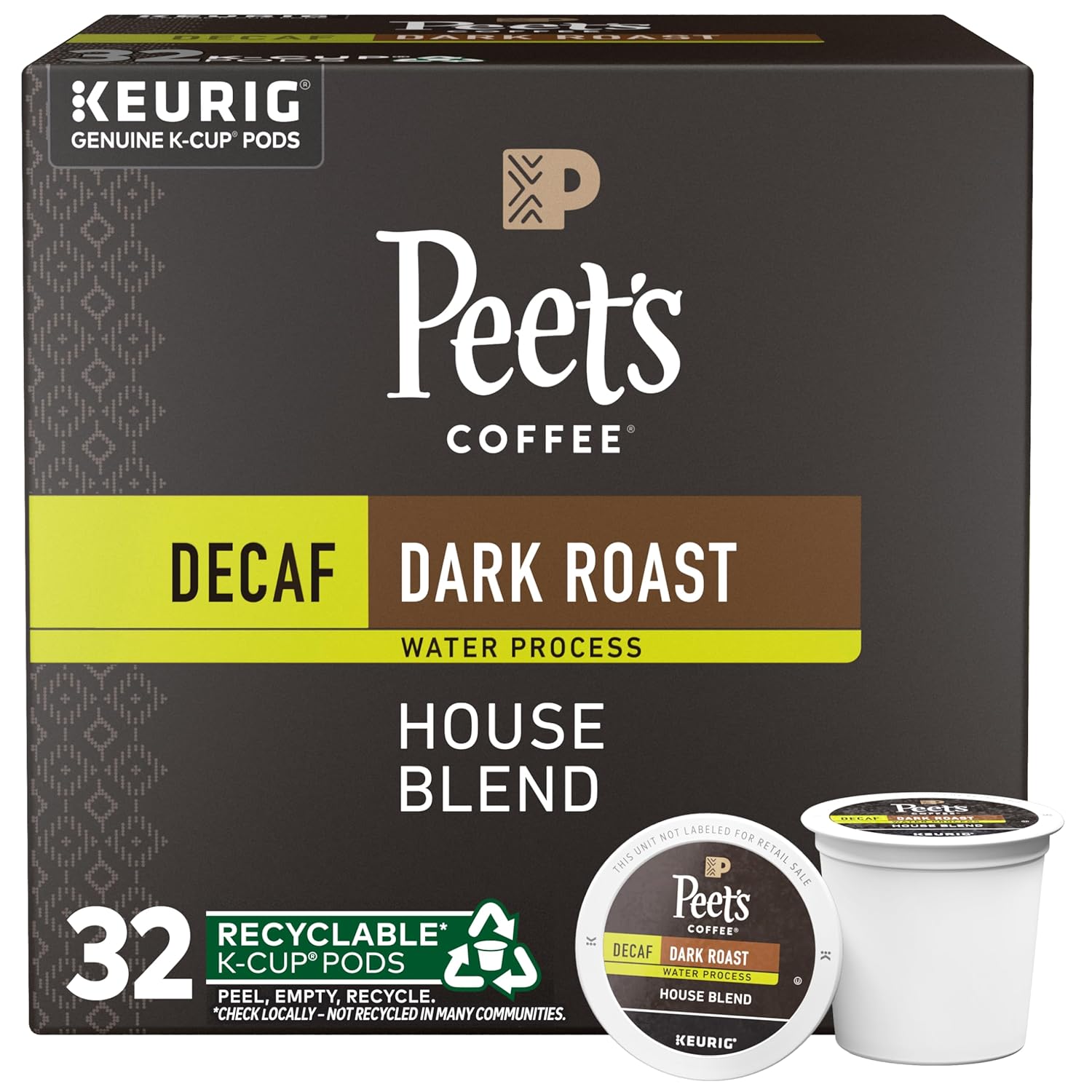 peets coffee, dark roast decaf, 100% arabica, single serve coffee pods, 32 count box