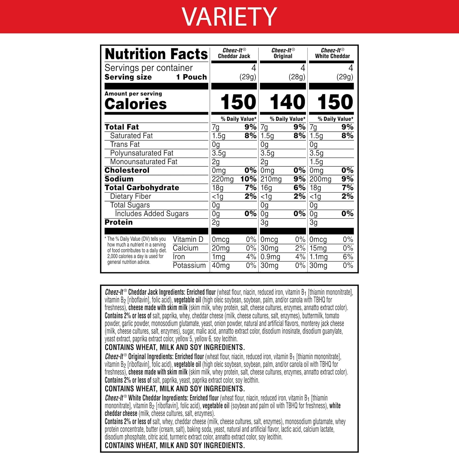 cheez-it variety pack, 12.1oz box, 12 packs, original, white cheddar, cheddar jack flavors