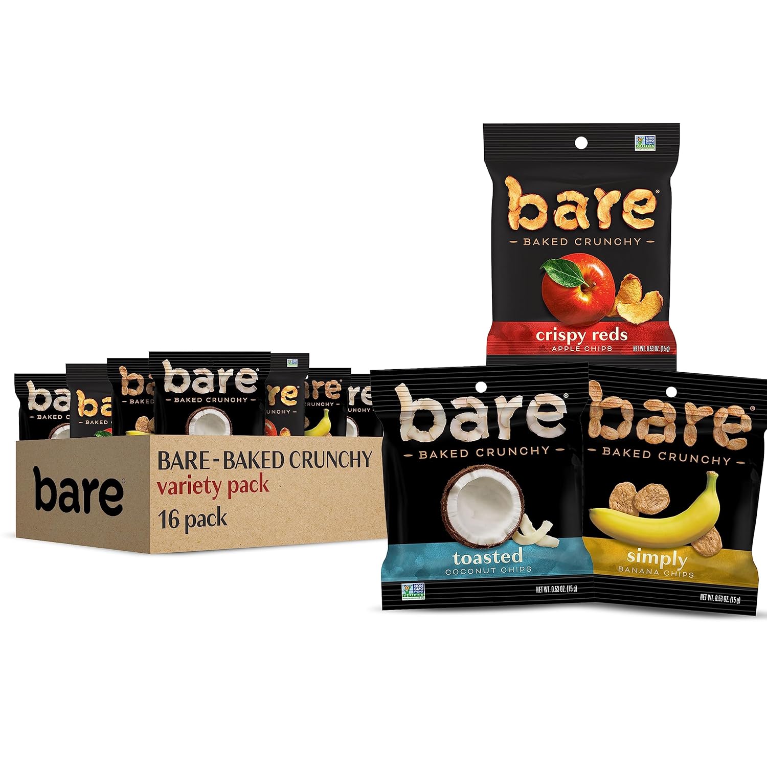 Bare Baked Crunchy Fruit Variety Pack, 0.53 Ounce, Gluten-Free, Non-GMO, Pack of 16