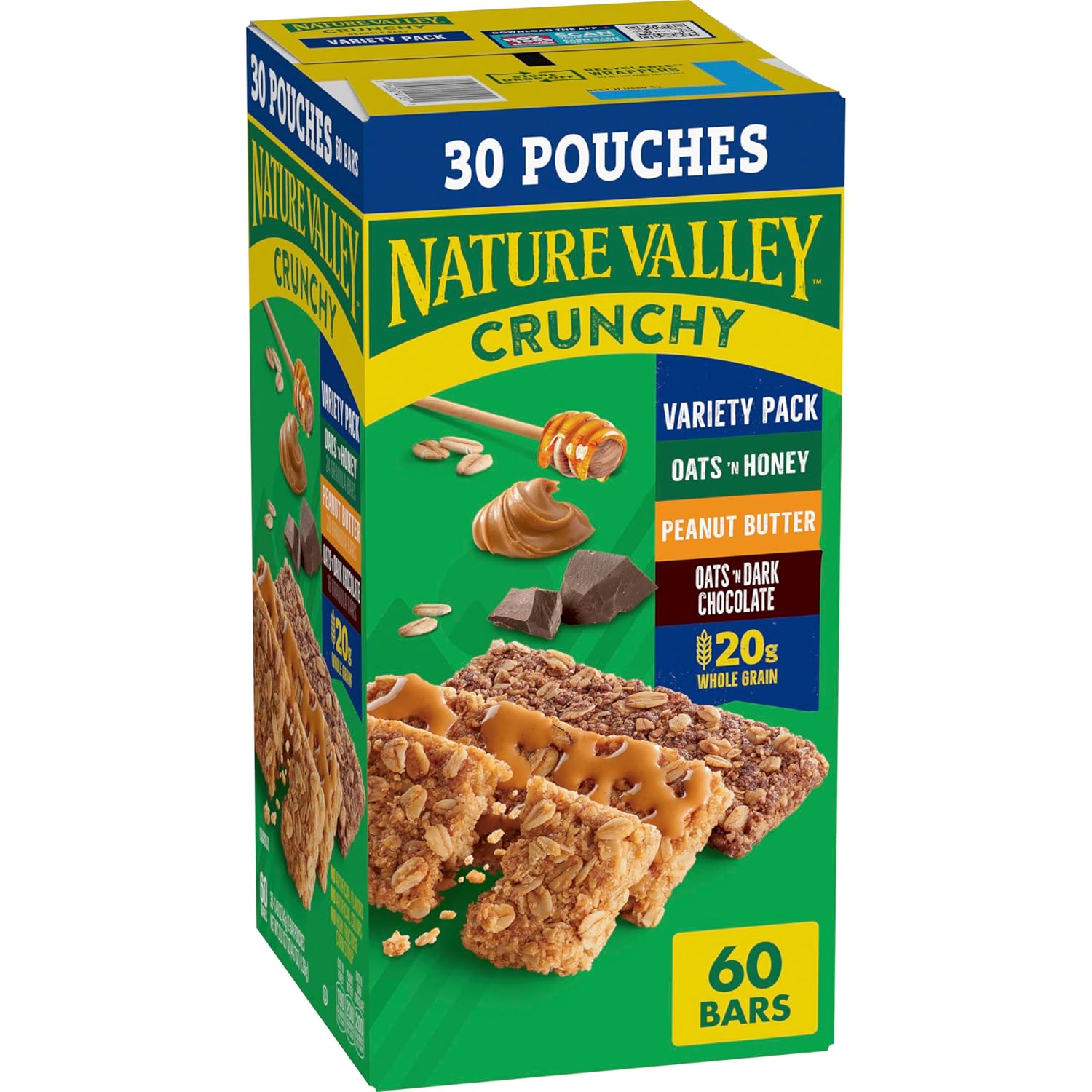 Nature Valley crunchy granola bars, oats n honey, peanut butter, and oats n dark chocolate, 60 bars, 44.7 oz