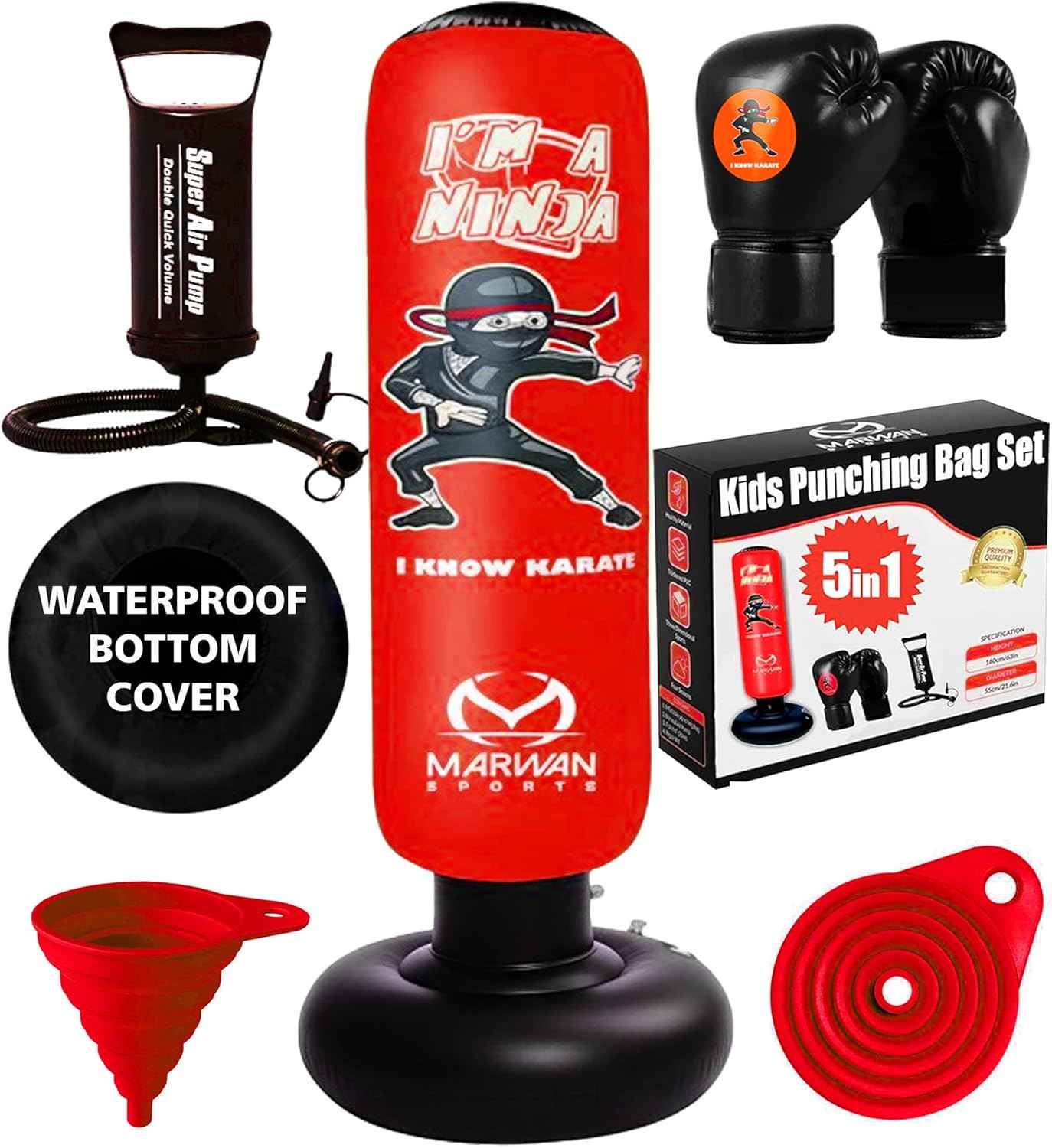 Marwan Sports 5-in-1 Inflatable Punching Bag for Kids – 63" Karate Toy Set with Boxing Gloves, Durable Fast Rebound, Active Play, Stress Relief Christmas/Birthday Gift for Boys & Girls Ages 4-12