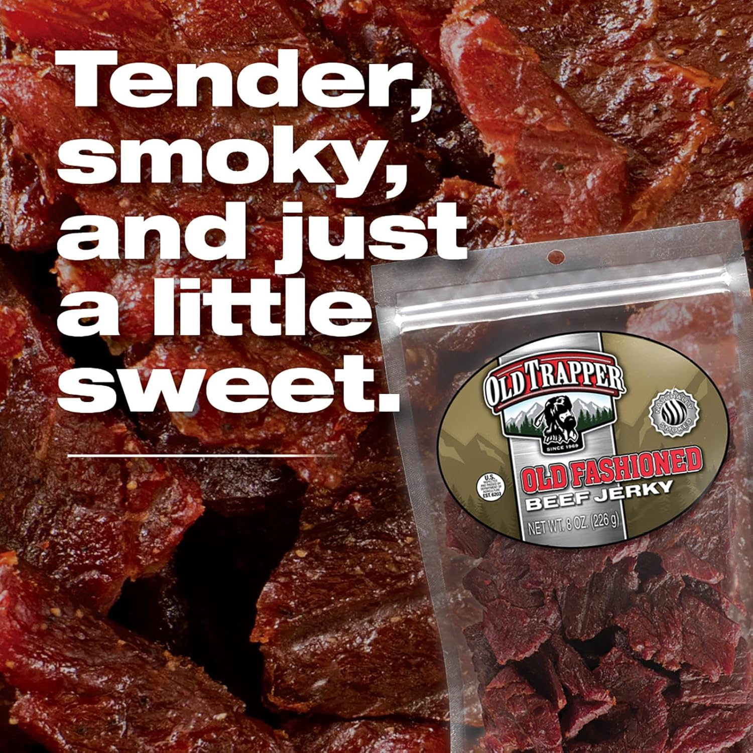 Old Trapper old fashioned beef jerky, tender meat snacks with 11 grams of protein, zero grams of fat, and 70 calories per serving