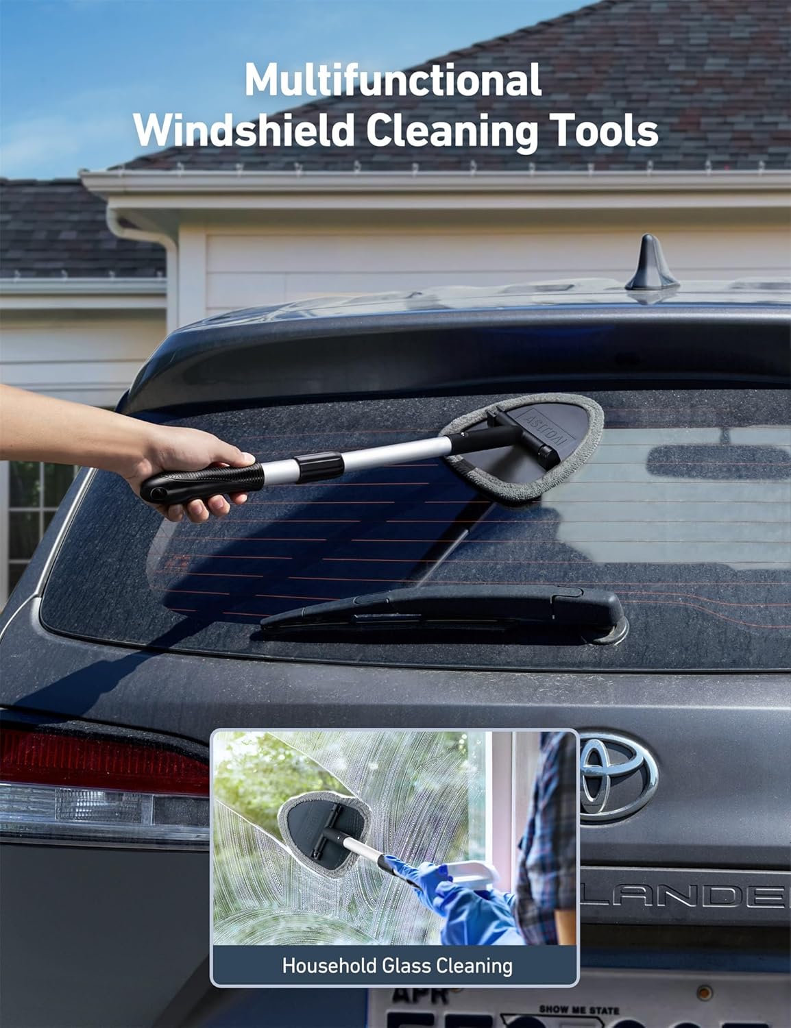 astroAI Windshield Cleaner Tool with Extendable Handle and 4 Reusable Microfiber Pads for Car Interior Detailing Cleaning Kit, Gray, 15.9-21in