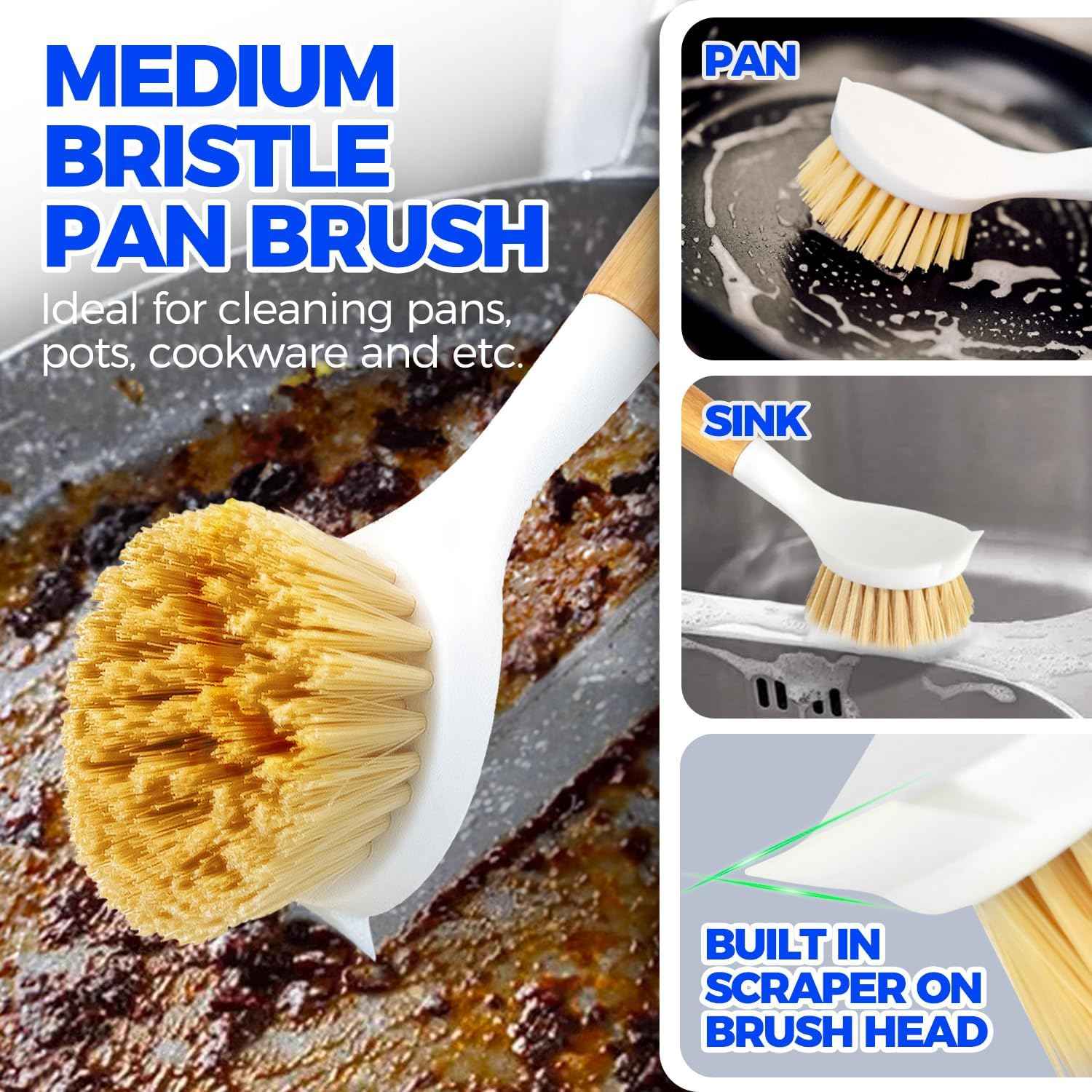 Holikme 3 Pack Dish Brush Set with Bamboo Handle, Kitchen Brushes for Cleaning Pot, Sink and Stove, Skillet Scrubber with Tough Bristles for Cast Iron Grill Pan, Yellow White Black