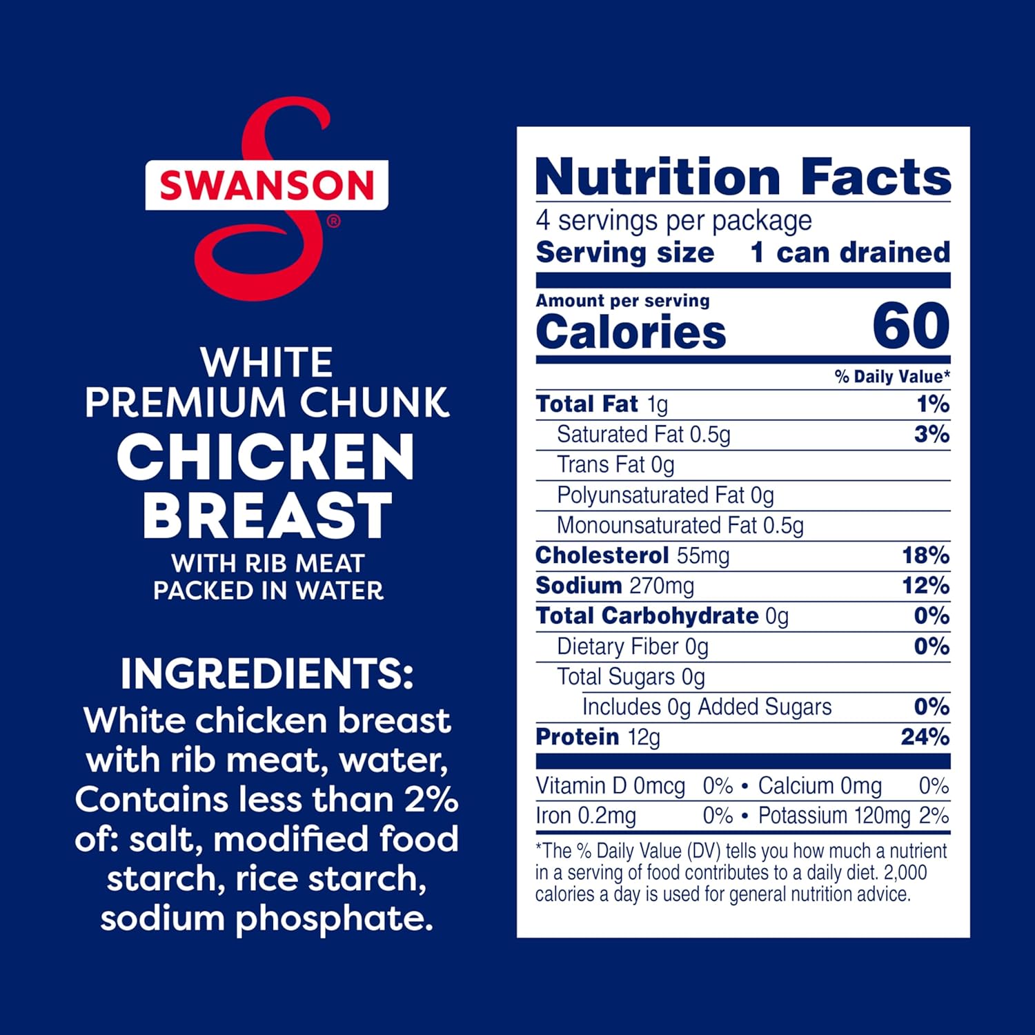 swanson white premium chunk chicken breast in water, 4.5 oz, pack of 4, no antibiotics, gluten-free
