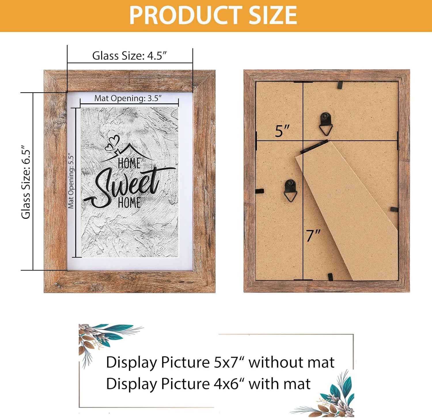 Califortree 5x7 Picture Frame - Can Display Photo 4x6 with Mat, Wood Frame with Shatterproof Plexiglass, Horizontal and Vertical Display for Wall and Tabletop, Rustic Brown