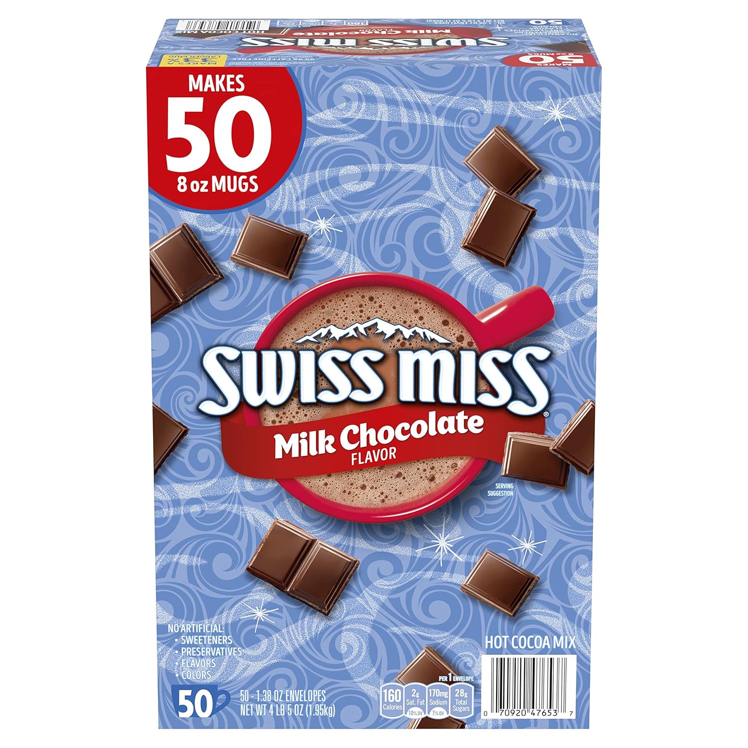 Swiss Miss milk chocolate hot cocoa mix, 1.38 oz, 50-count, bulk, packaging dimensions 13x18.5x29 cm, 4.8 pounds