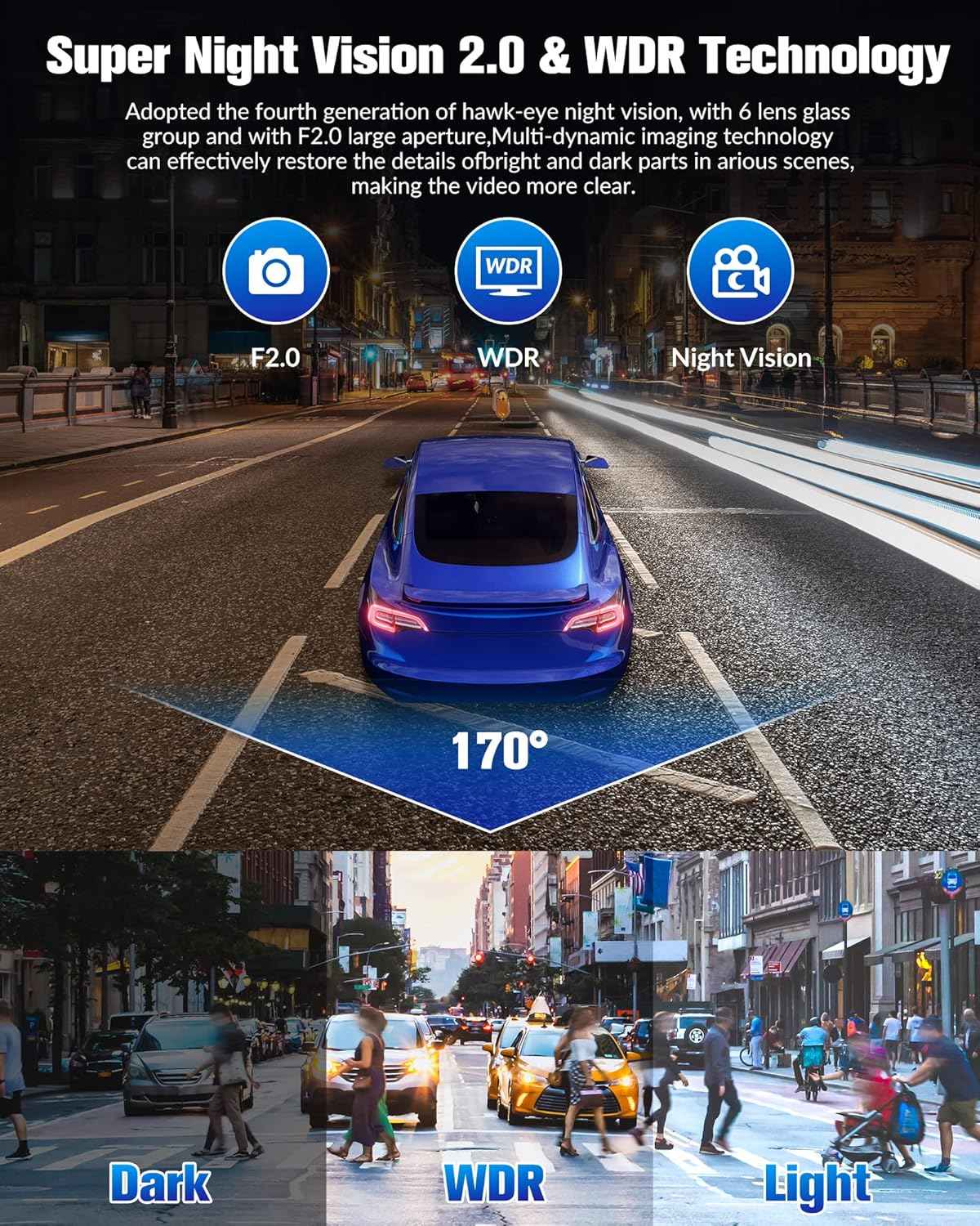 Dash Camera for Cars,4K Full UHD Car Camera Front Rear with 32GB Card,Built-in Super Night Vision,2.0'' IPS Screen,170°Wide Angle,WDR, 24H Parking Mode, Loop Recording.