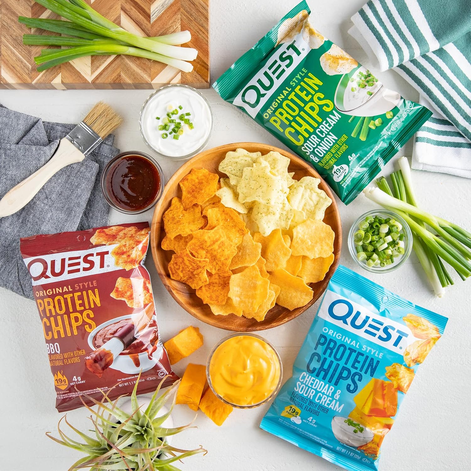 quest nutrition protein chips variety pack, 12-pack, bbq, cheddar, sour cream, high protein, low carb, 1.1 oz