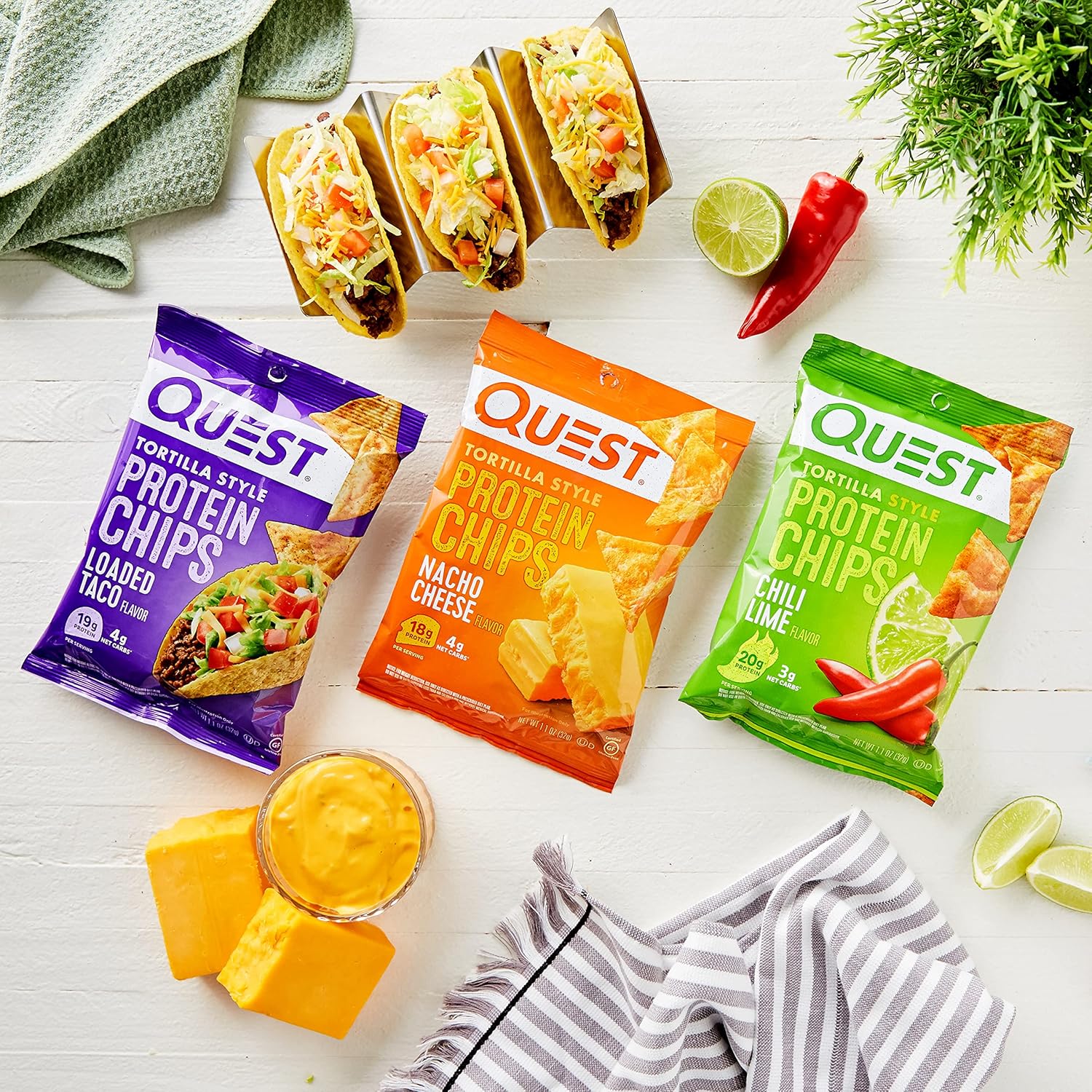quest nutrition tortilla style protein chips variety pack, low carb, high protein, gluten free, 12 count