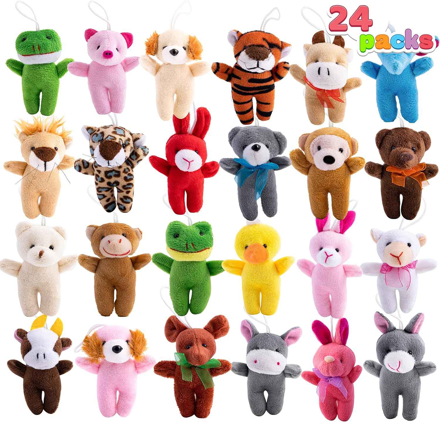 JOYIN 24 Pack Mini Animal Plush Toy Assortment (24 Units 3" Each), Animals Keychain Decoration for Kids, Small Stuffed Animal Bulk for Kids, Carnival Prizes, School Gifts, Valentines Goodie Bags