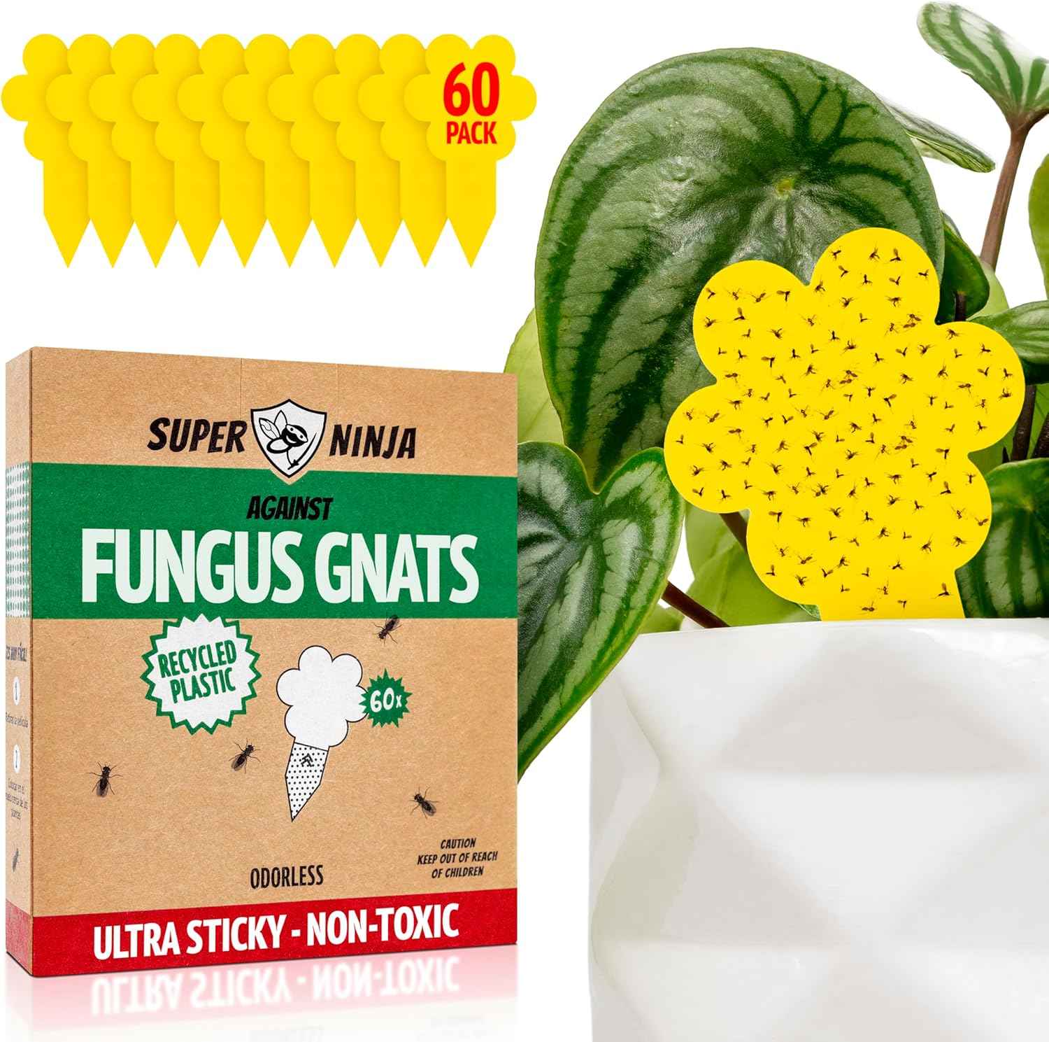 Super Ninja Fungus Gnat Traps - 30 Pack, Highly Effective Gnat Traps for House Indoor, Yellow Sticky Trap for Plants, Non-Toxic & Nature-Friendly, Up to 3 Months
