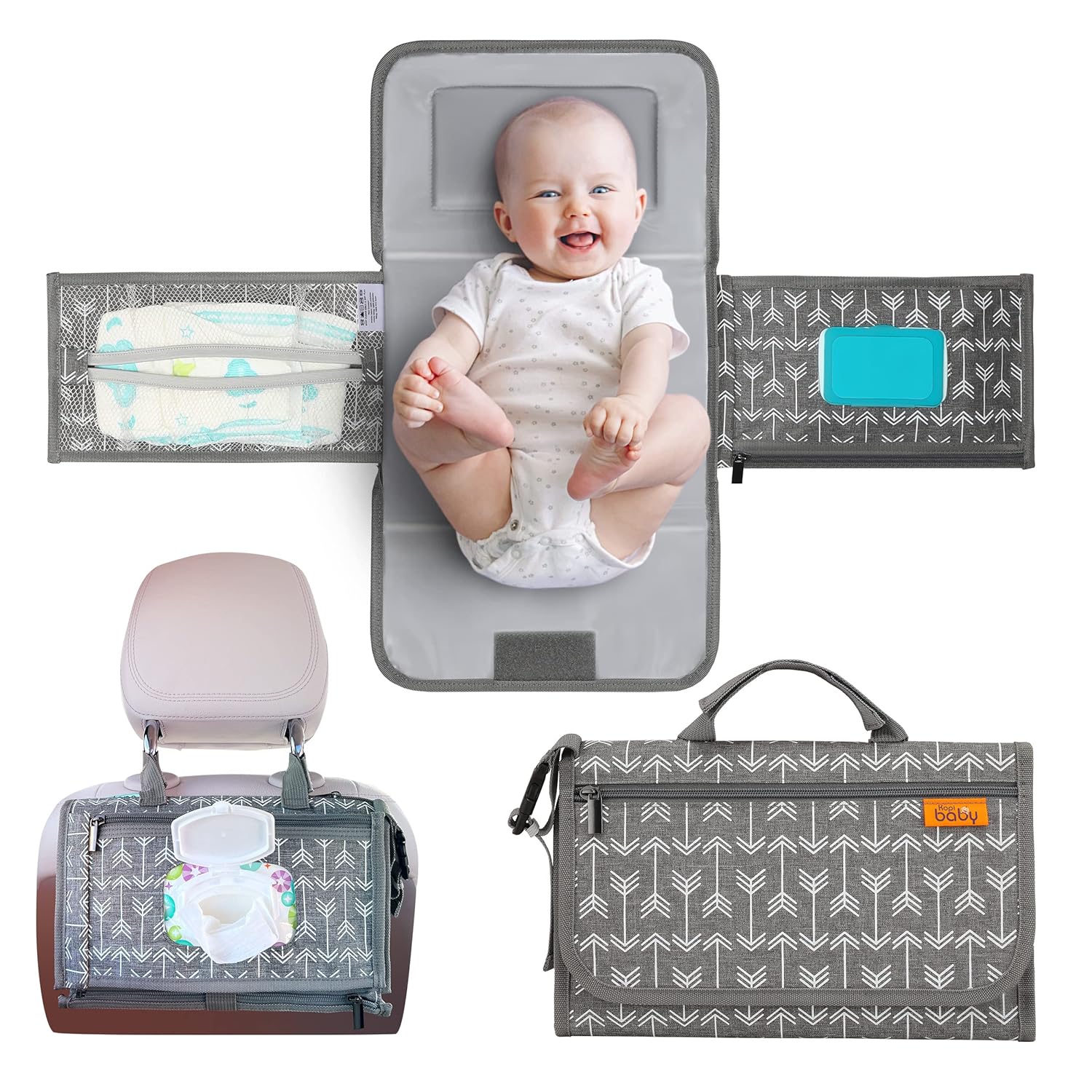 Kopi Baby Portable Diaper Changing Pad - Grey, Classic, 7.35 x 11.5 inches, Foldable, Infant Travel Station Kit, Newborn Gift