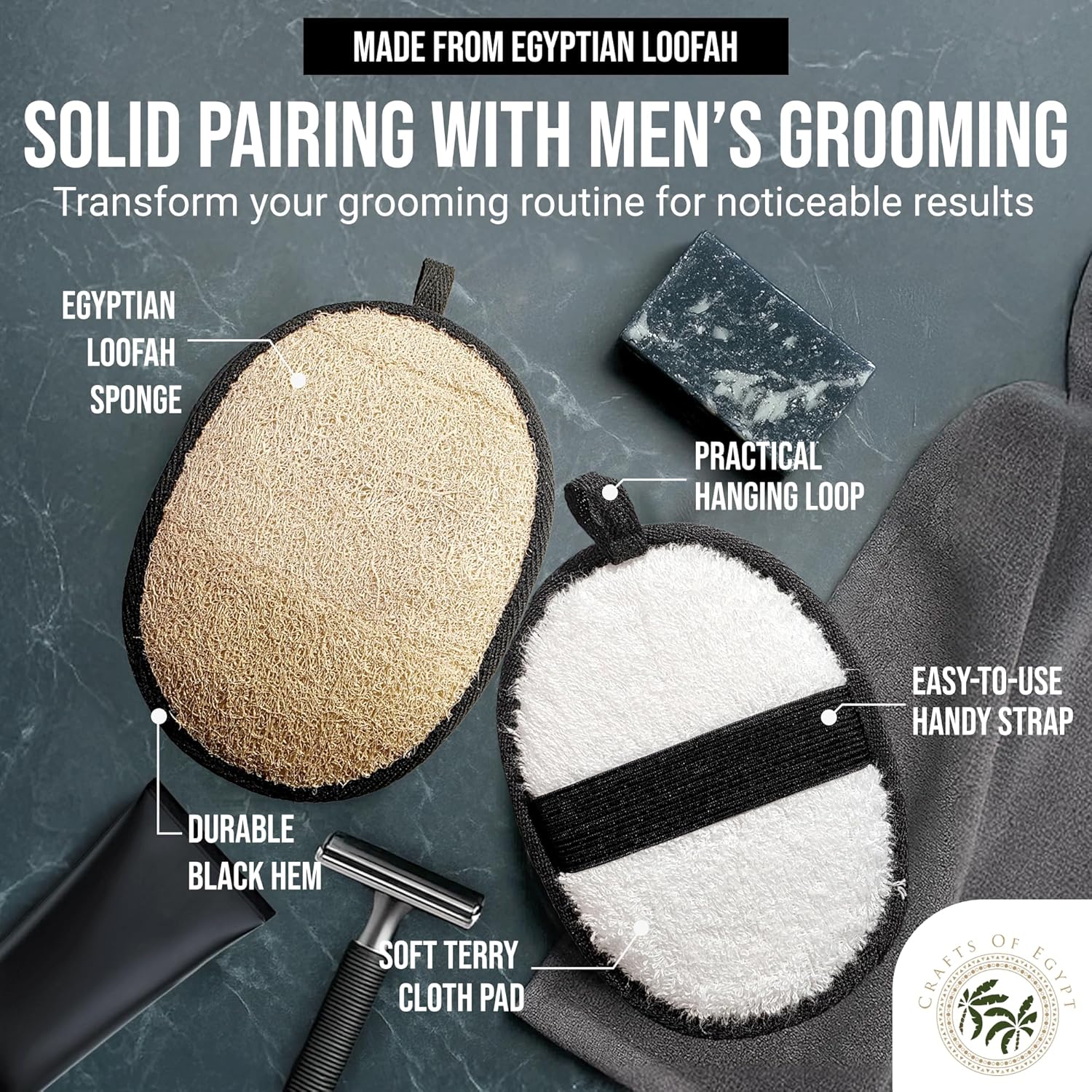 Natural loofah body scrubbers for men, black and white 2PCS Egyptian luffa sponge exfoliator set, durable men's hygiene pad
