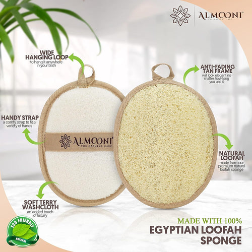 almooni natural loofah exfoliating body scrubber, 2-count pack, for women and men with natural egyptian loofah sponge