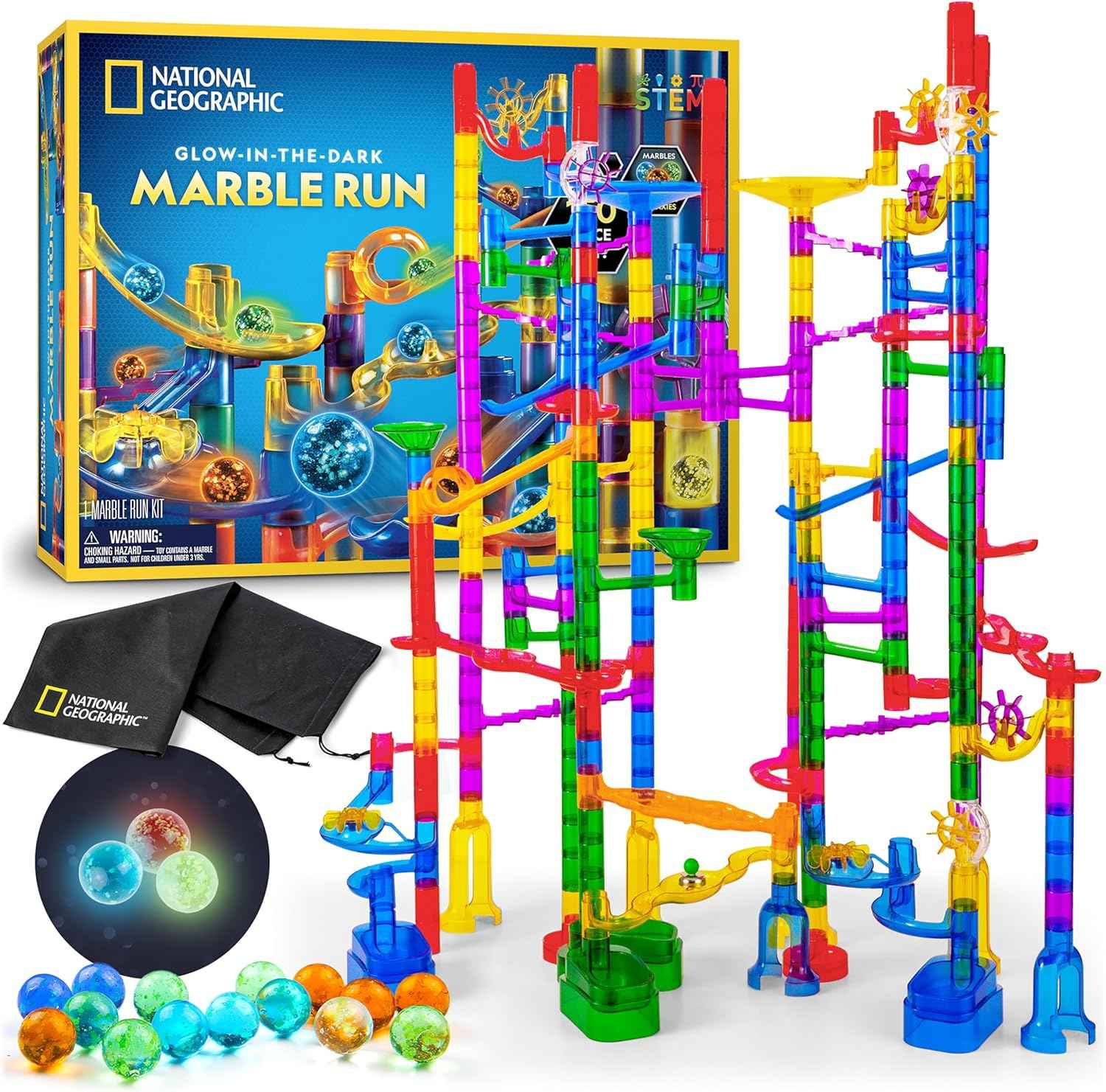 NATIONAL GEOGRAPHIC Glowing Marble Run – Construction Set with 15 Glow in The Dark Glass Marbles & Storage Bag, STEM Gifts for Boys and Girls, Building Project Toy (Amazon Exclusive)