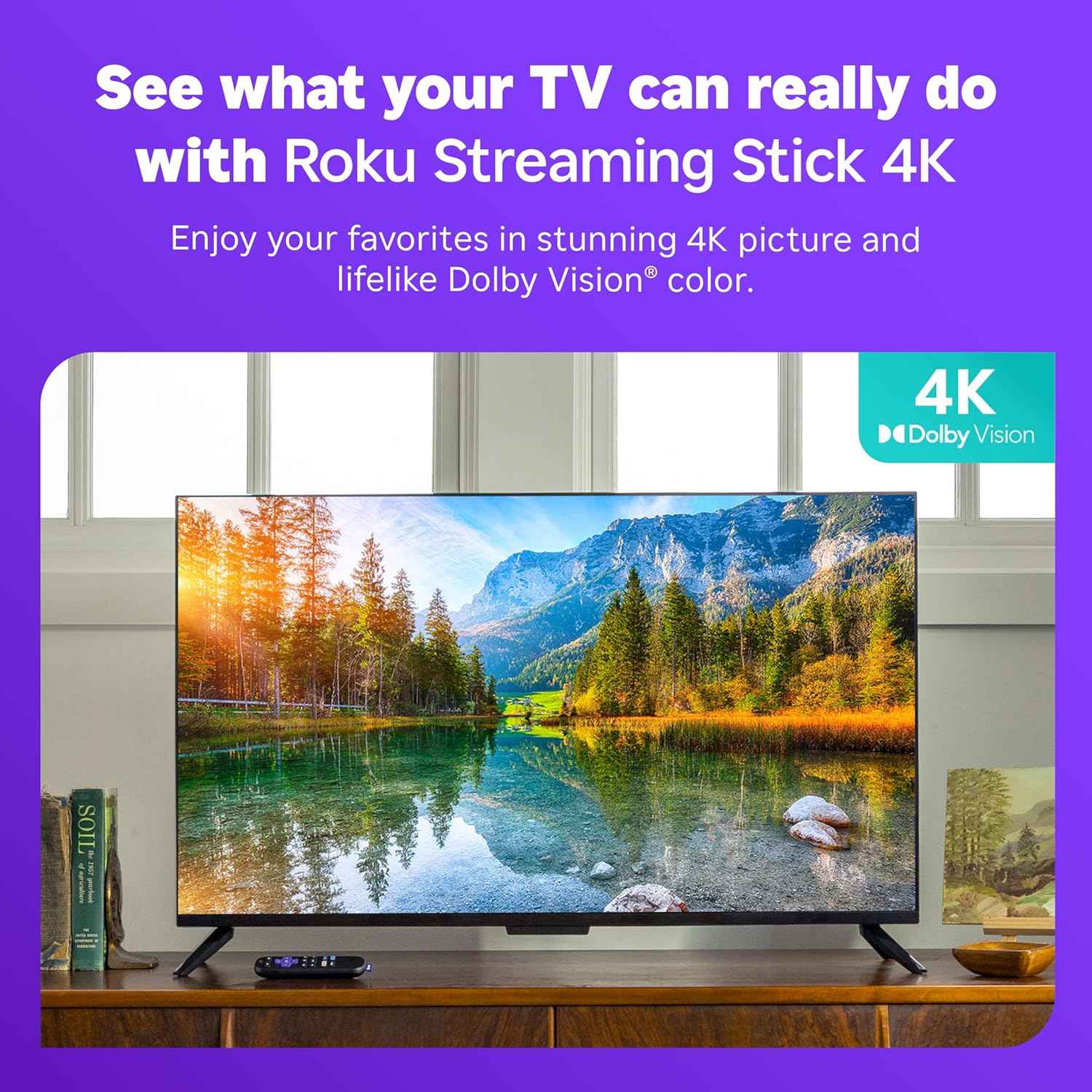 Roku Streaming Stick 4K - HDR & Dolby Vision Roku Streaming Device for TV with Voice Remote & Long-Range Wi-Fi - Free & Live TV