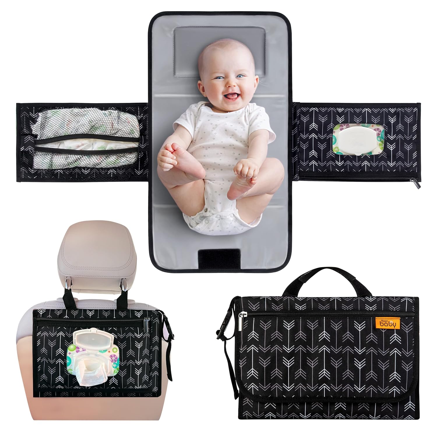 Kopi Baby Portable Diaper Changing Pad - Grey, Classic, 7.35 x 11.5 inches, Foldable, Infant Travel Station Kit, Newborn Gift
